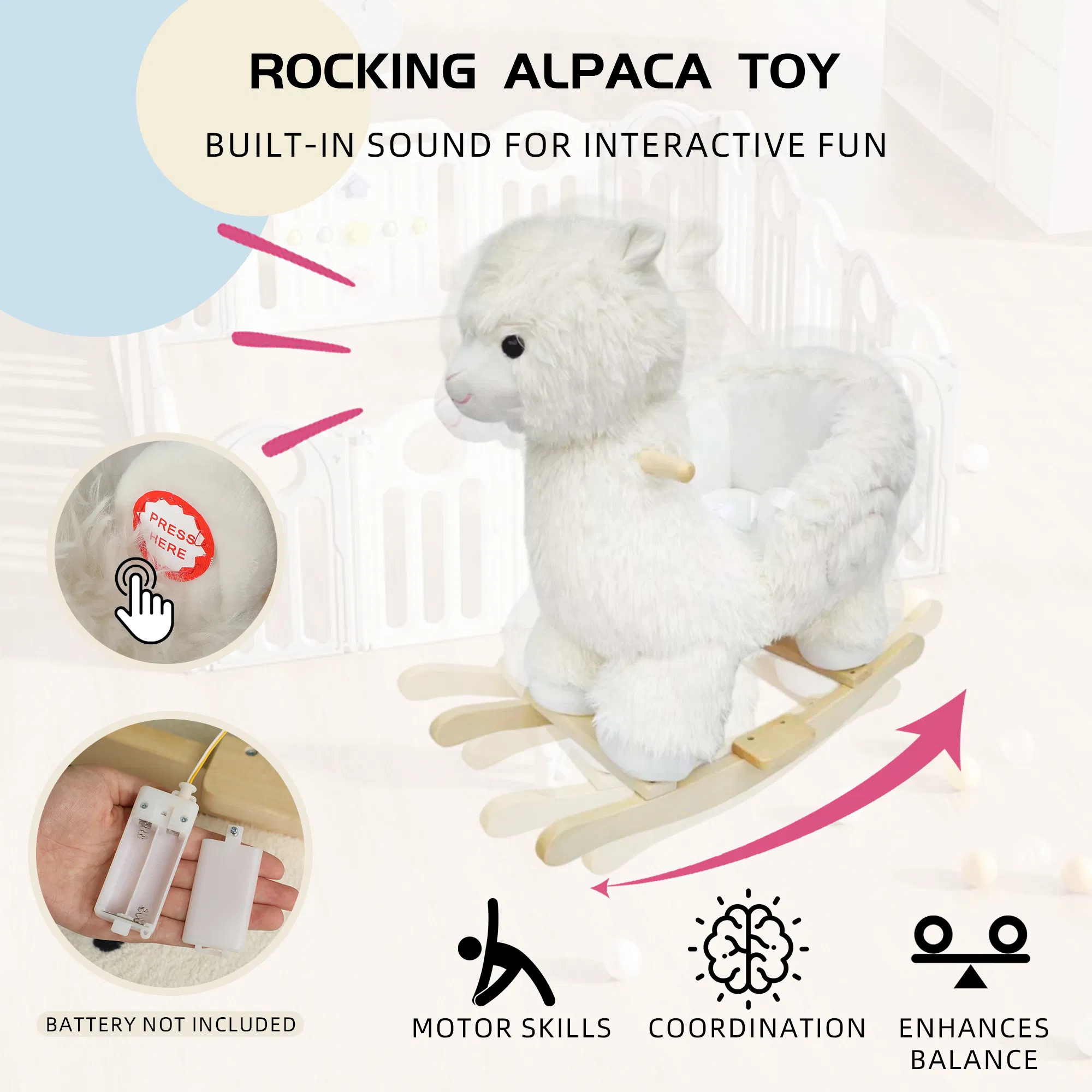 Kids Ride-On Rocking Horse Toy with Lullaby Song, Alpaca Rocking Toy with Hand Puppets and Safety Belt For Children 1-3 Years, Soft Plush Fabric, White — image 4