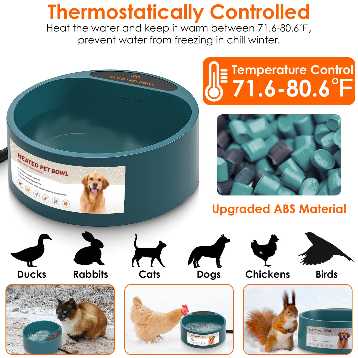 Heated Water Bowl for Dog Cat 74.4OZ Heating Water Dish IP67 Waterproof Thermal Water Bowl Heated Pet Bowl Dog Cat Water Feeder Bowl for Dog Cat Rabbit Pet — image 2