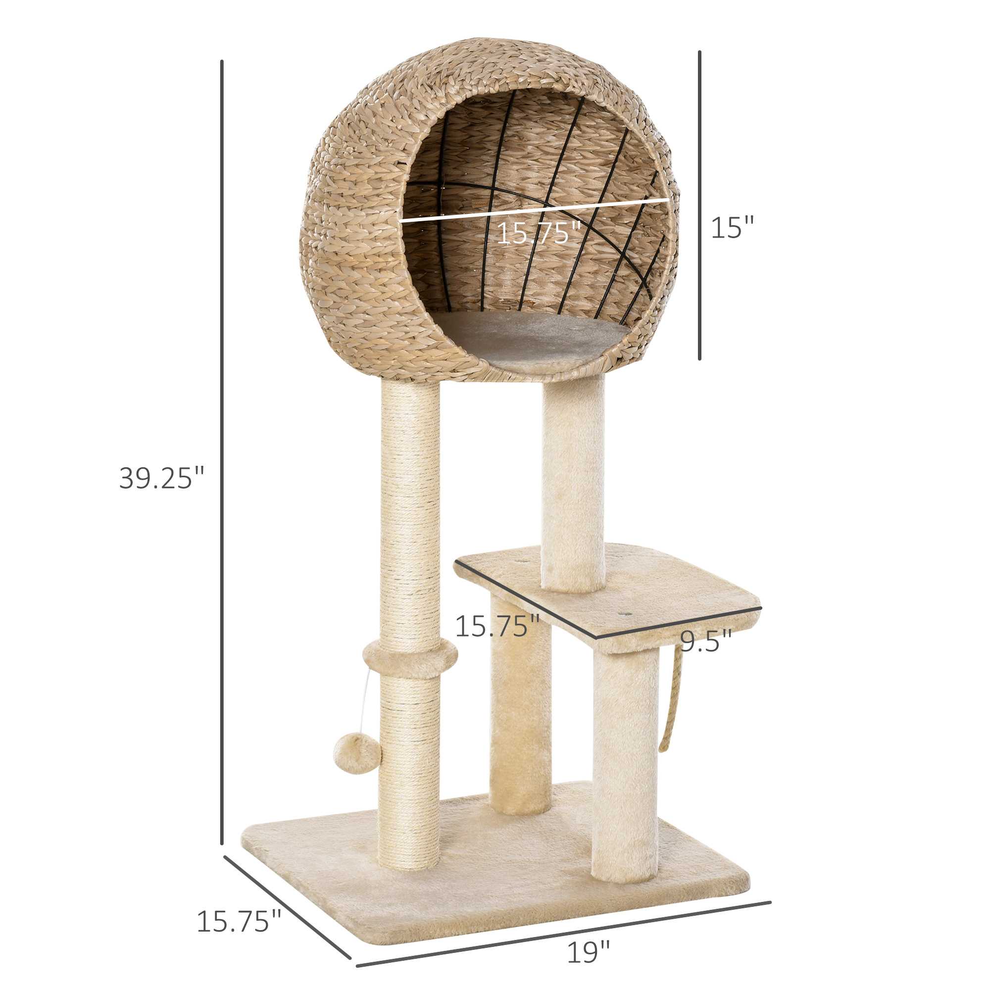 Cat Tree with Sisal Scratching Post Condo and Hanging Rope 39" H, Beige — image 3