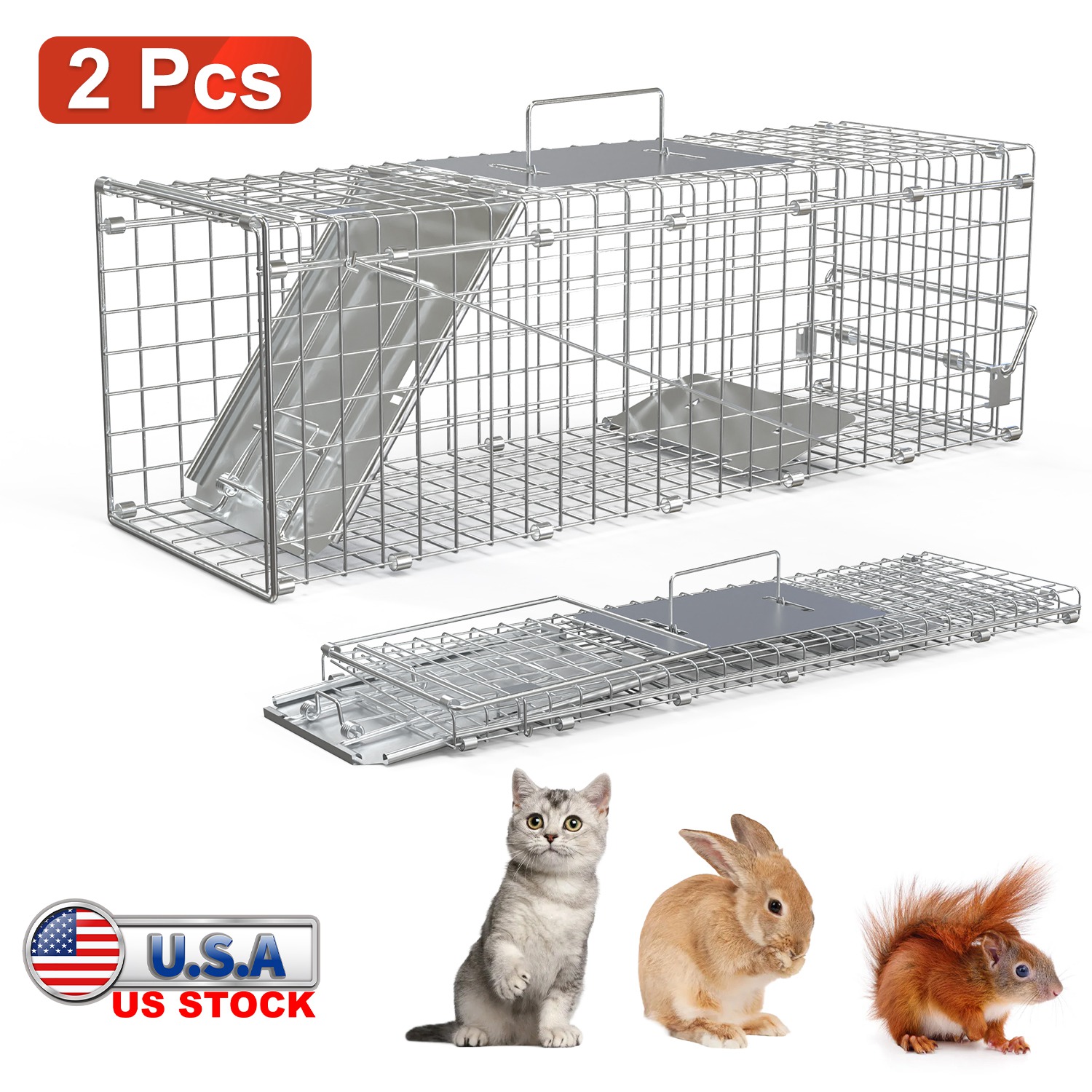 2Pzs Jaulas Trampa Plegables Humanitarias para Animales Vivos 24X7.48X8.27IN, Fácil Captura y Liberación, Trampa Plegable para Gatos de Acero Galvanizado, para Gatos Pequeños, Ardillas, Conejos, Erizos, Ardillas Listadas — imagen 1