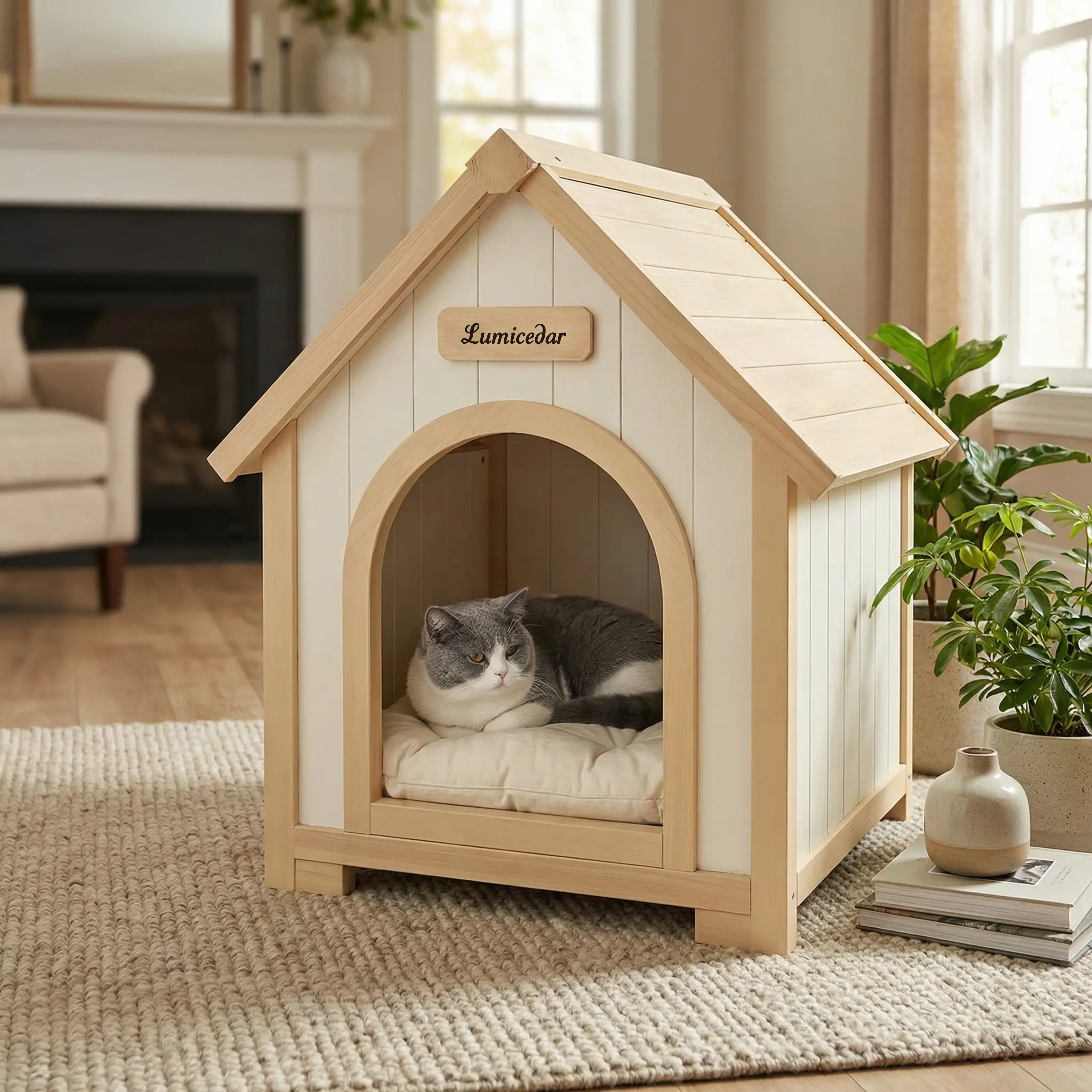 Casa de Perro Moderna en Madera para Interior con Almohadilla EVA – Casa de Animales de Ceder Solida para Pequeños Perros y Gatos — imagen 16