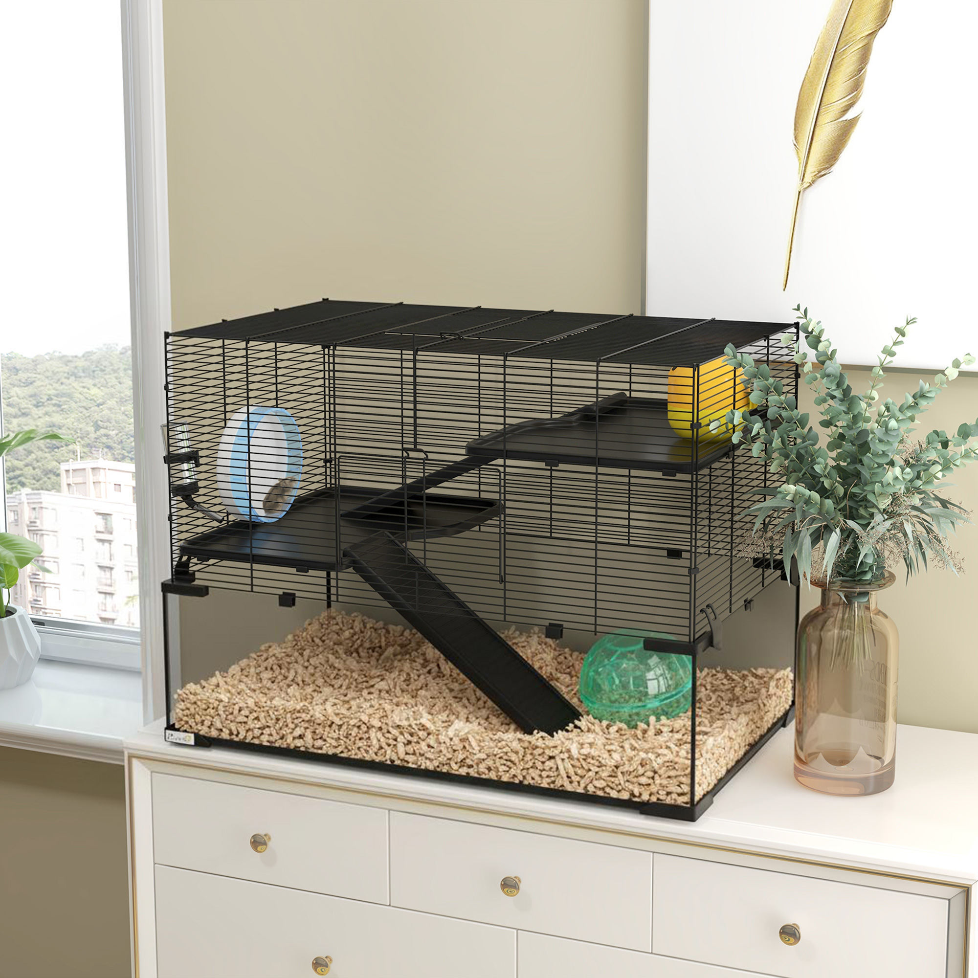 30" Hamster Cage, Gerbil Cage with Glass Basin for Small Hamsters, Black — imagen 8