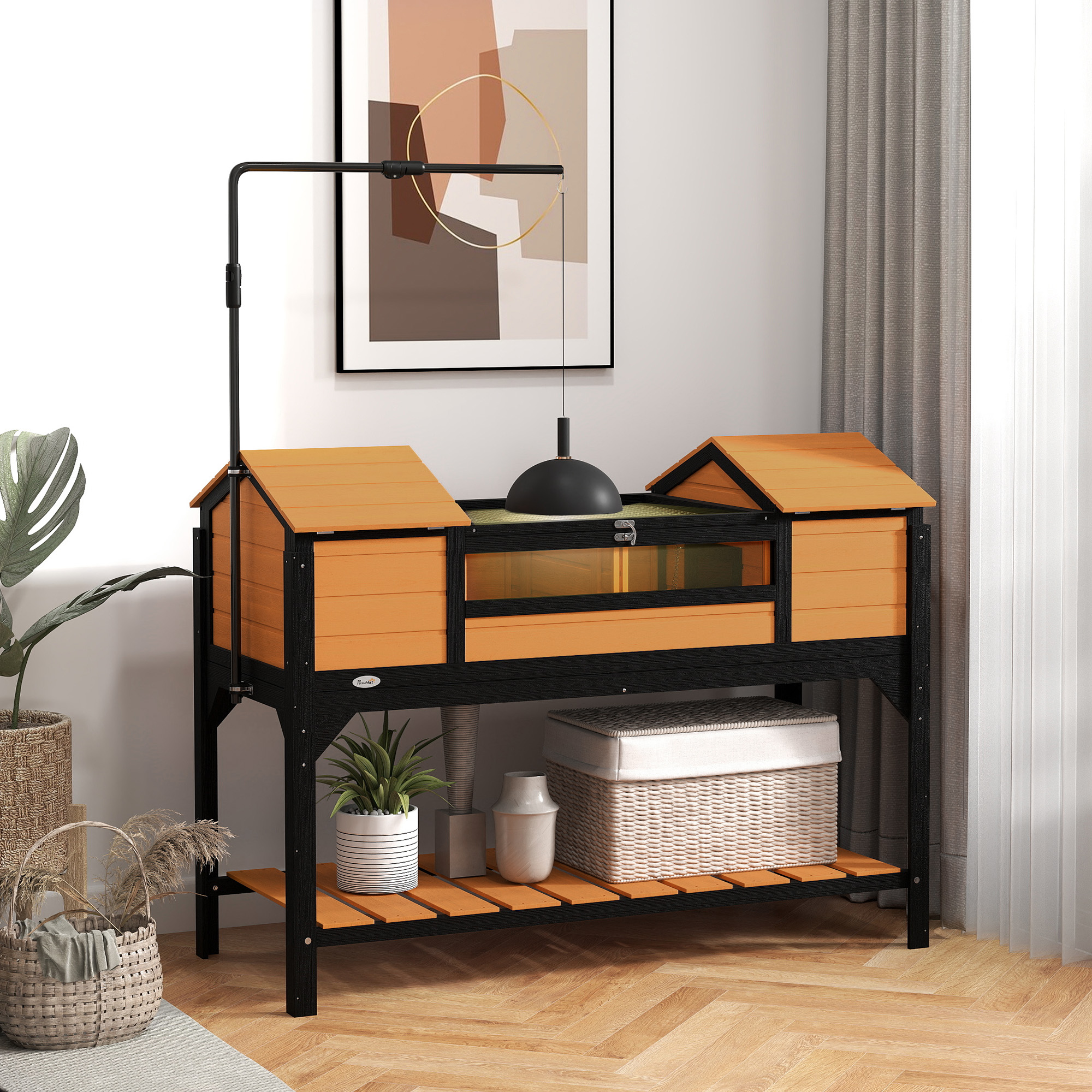 Casa para Tortugas con Soporte de Lámpara Ajustable, Almacenamiento y Plataforma, Dos Casas Principales, Tapón Abordable, Amarillo — imagen 6