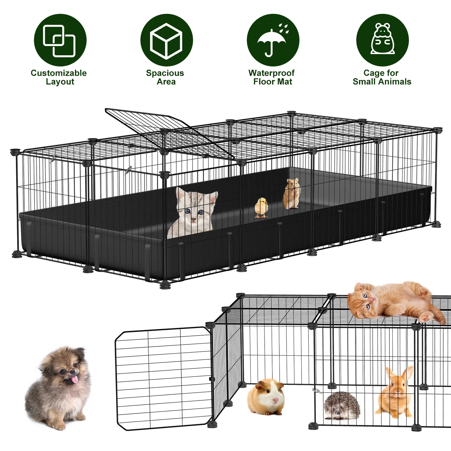 Modular Metal Small pet exercise pen DIY Multi Shape Layout, Metal Pet Enclosure Multi Tier L Square Rectangular Setup, Waterproof Protective Mat Small Animal Indoor Outdoor Cage — image 11