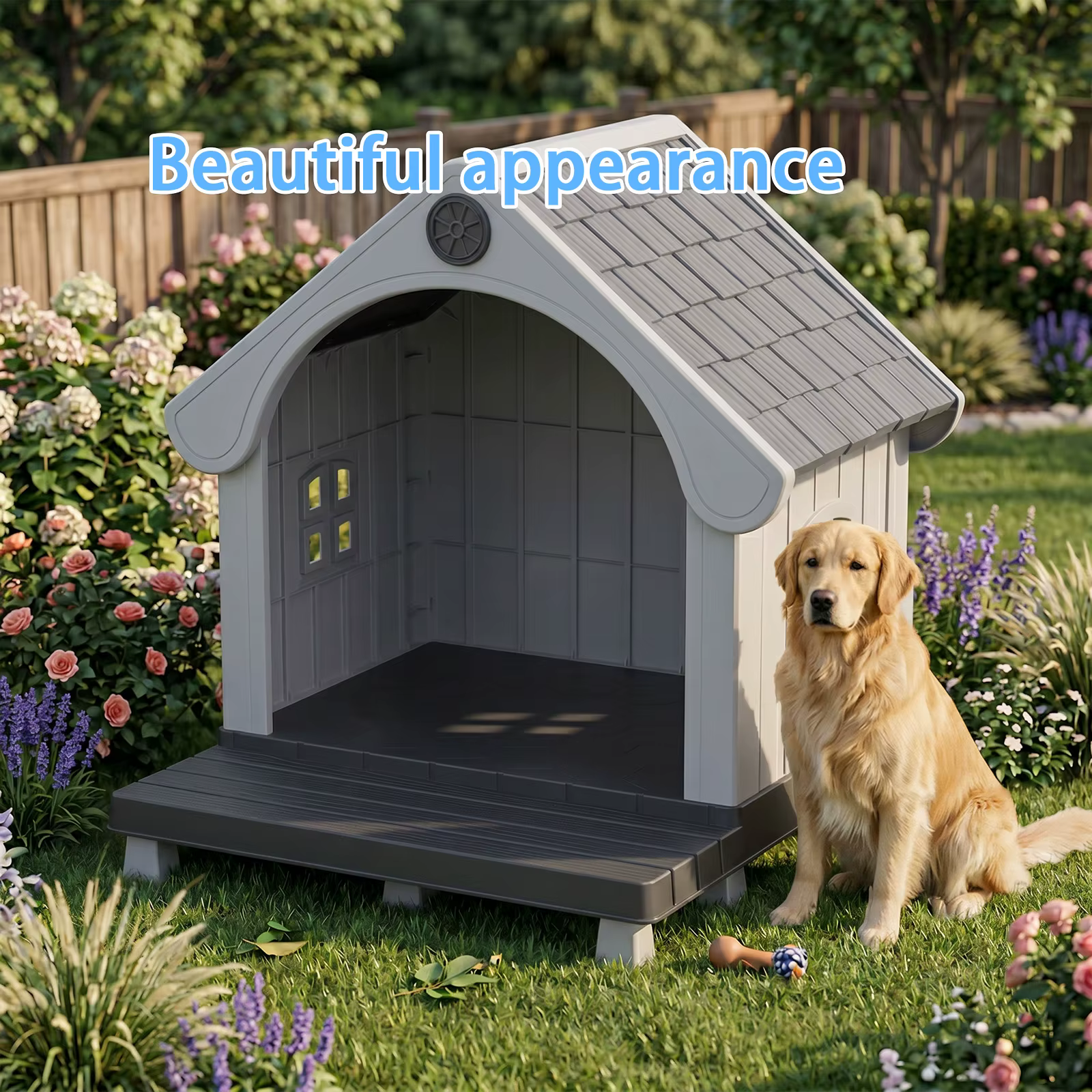 Elevated Resin Dog House with Sloped Roof, Weatherproof Outdoor Pet Shelter for Small Medium Dogs, All Season Backyard Dog Bed — image 4