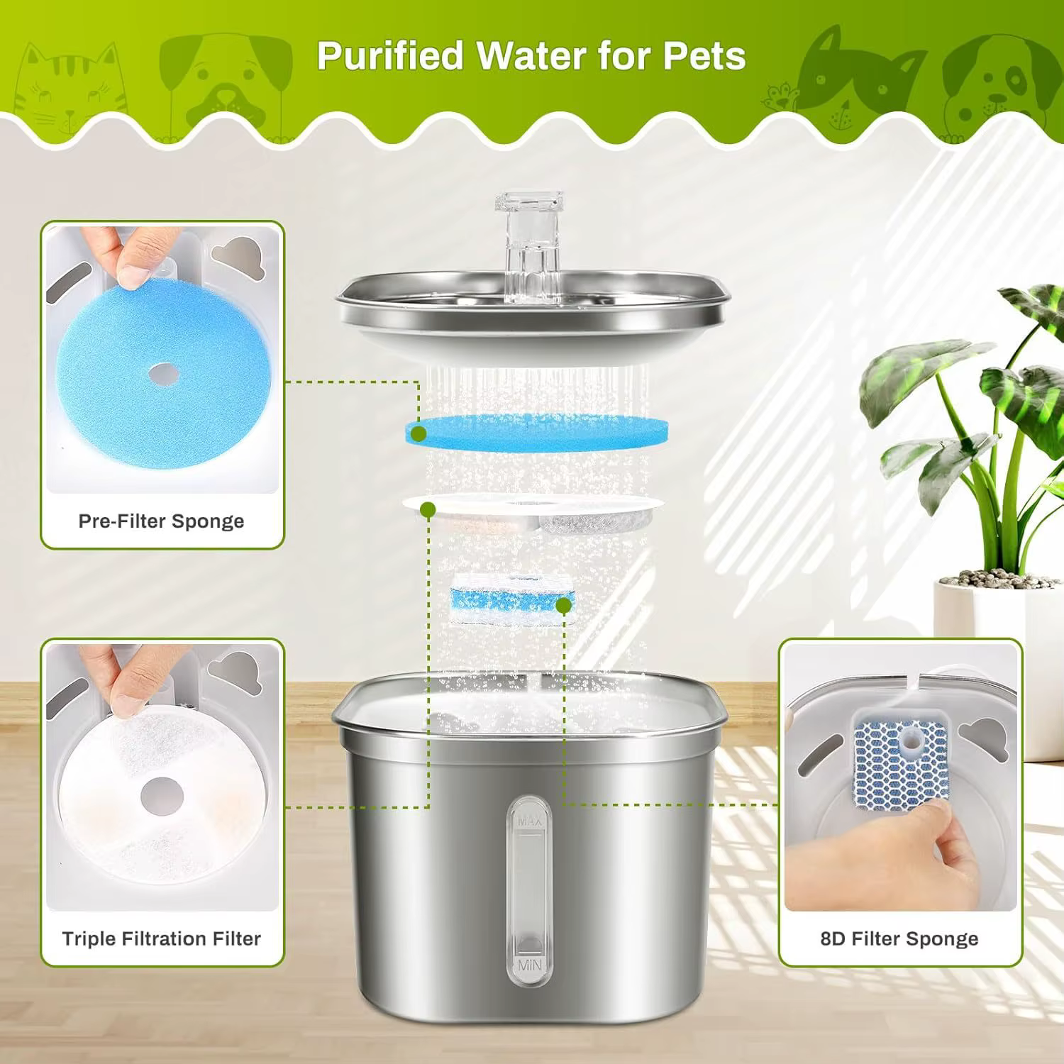 Pet Water Fountain (Stainless Steel + PP) 2.2L with Filter Motion Sensor and Pump Water Fountain for Pet Drinking Dispenser — image 4