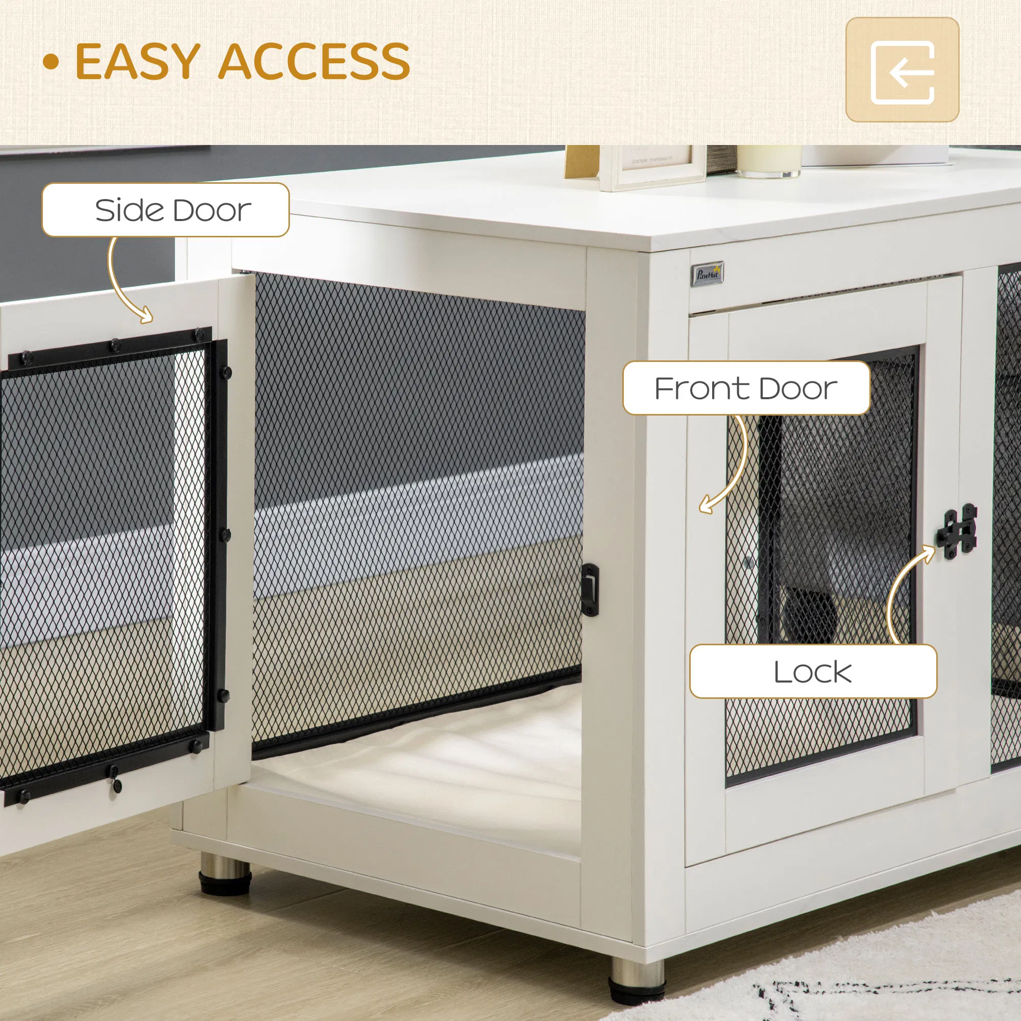 Pet Crate End Table with Water-resistant Cushion or Large Medium Dogs, White — image 5