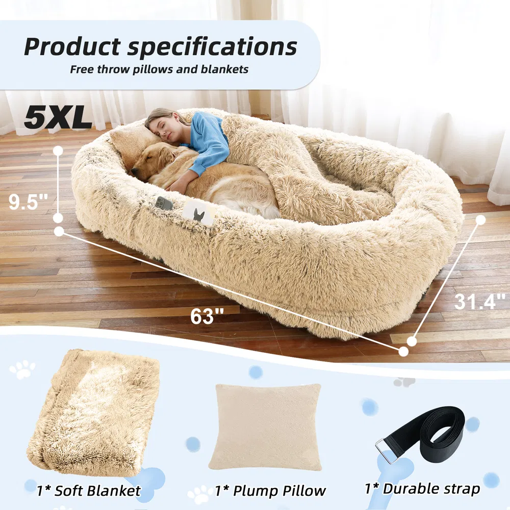 Cama para Perros y Personas Grande, Para Ti y Tu Mascota, Cama de Felpa Sintética Lavable para Dormir o Descansar, Soporte Óptimo para Canes, Almohada Pluma Presente, Manta, Correa — imagen 6