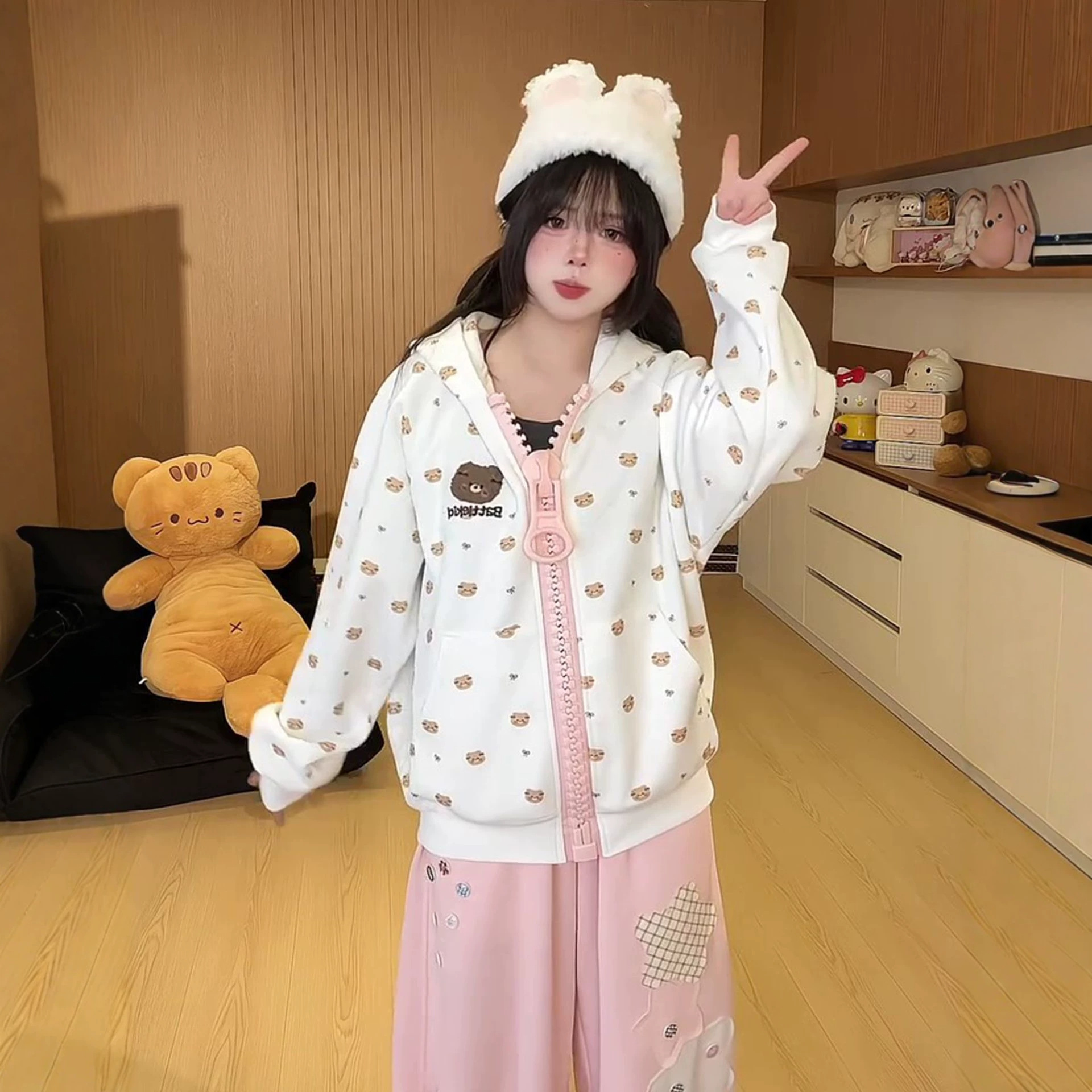 Cute Bear Print Zip-Up Hoodie for Women, Casual Hooded Cardigan Jacket — image 4