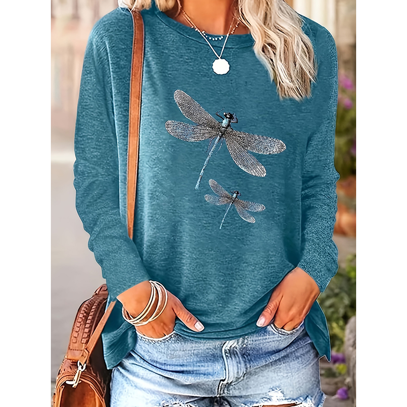 Women's Dragonfly Print Crew Neck T-Shirt, Casual Long Sleeve Top For Spring & Fall — image 1