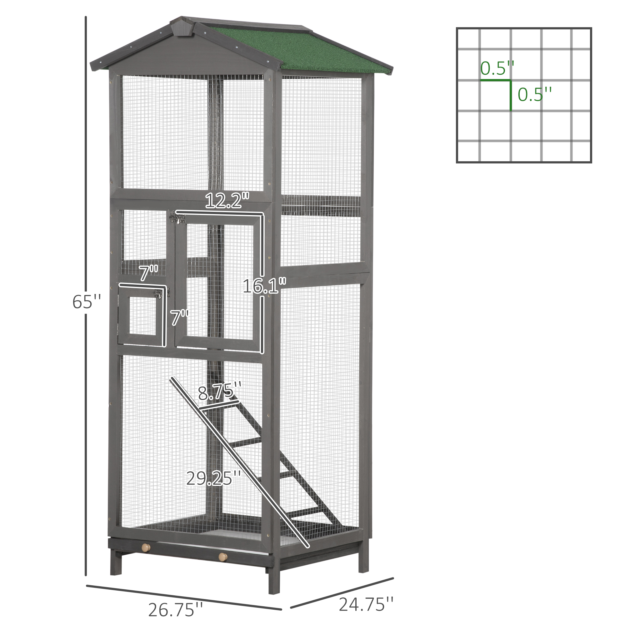 Jaula de Madera para Pájaros de 165 cm con Acceso Exterior y 2 Puertas, con Plataforma Extraíble y Protección contra Predadores — imagen 2