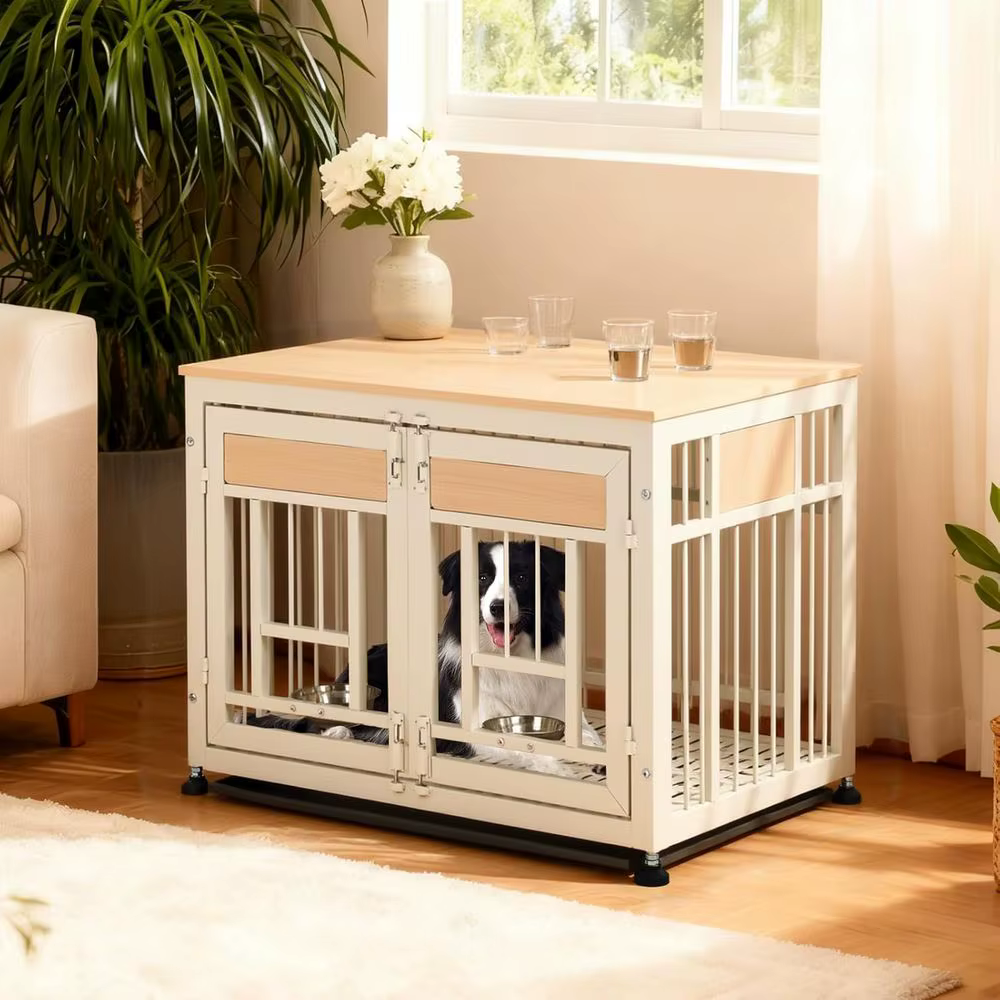 Caja de Perro Decorativa en Madera Blanca - Mobiliario para Canes Grandes (35-60 lbs) con Tazas Ajustables y Etiqueta de Nombre — imagen 6
