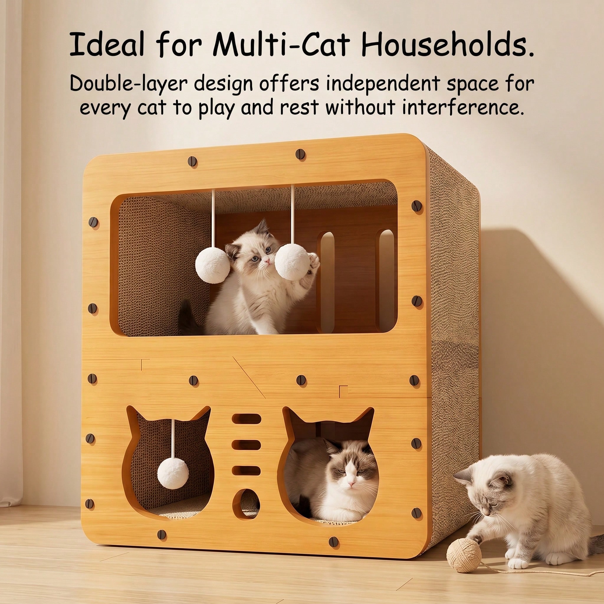 Casa Rascador para Gatos de Doble Capa en 2 Estilos, Nido Multifuncional de Cartón Corrugado, Villa Espaciosa, Cama Cueva para Gatos con Juguete de Bola Colgante, Resistente al Desgaste, Casa para Gatos de Interior para Afilar Uñas — imagen 9
