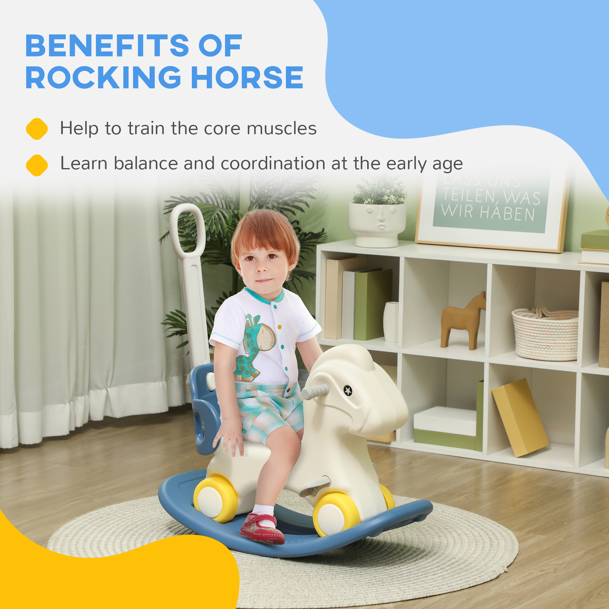 4 in 1 Rocking Horse for Toddles 1-3 Years with Detachable Push Handle & Balance Board, Blue — image 8