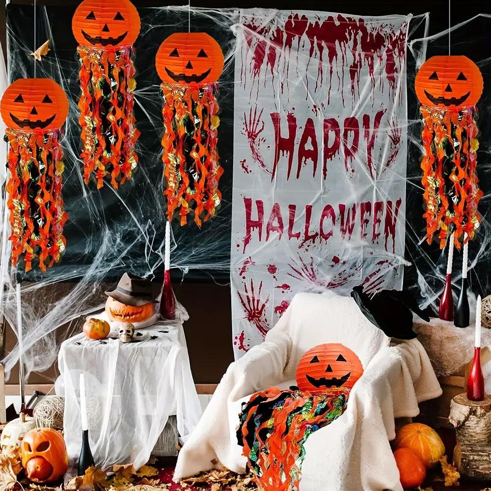 Halloween Paper Lantern DIY Handmade Jellyfish Pumpkin Head Lantern Hanging Decoration Prop Decor Scary Haunted House Door Hanging Ornament — image 2