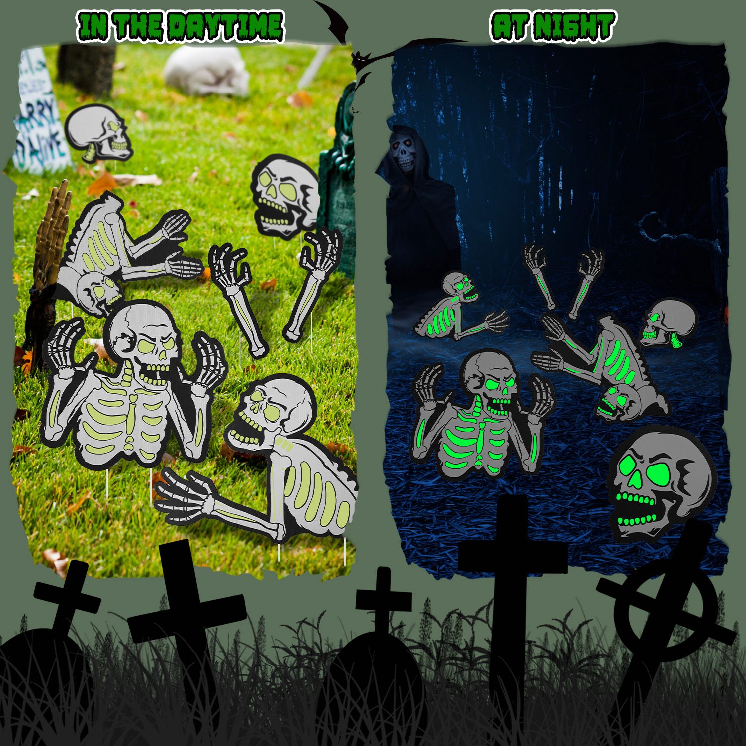 Decoraciones de Jardín para Halloween: 6 Calaveras, 6 Tumbas o 5 Gatos Negros, Brillan en la Oscuridad, para Casa Embrujada, Jardín, Patio y Fiestas de Temática Terrorífica — imagen 11