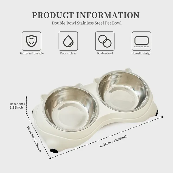 Comedero doble para gatos con base antideslizante, blanco, tazones de acero inoxidable para comida y agua, fácil de limpiar y desmontable — imagen 1
