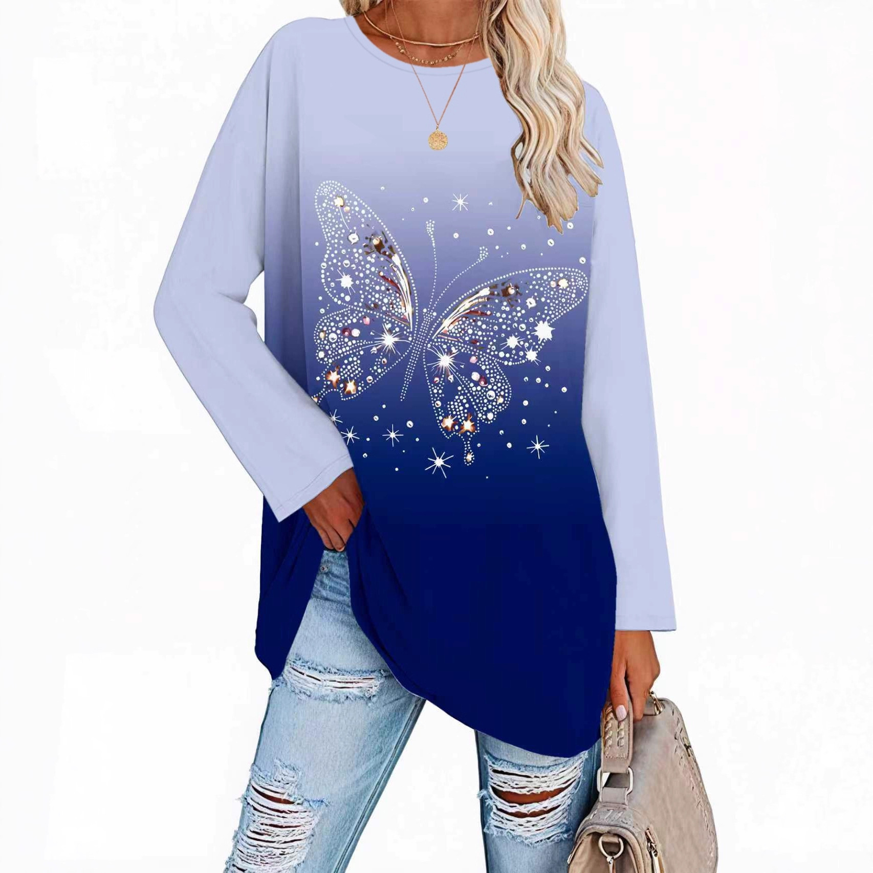 Elegant Butterfly Print Round Neck T-Shirt for WomenWinter Casual Comfortable Style — image 2