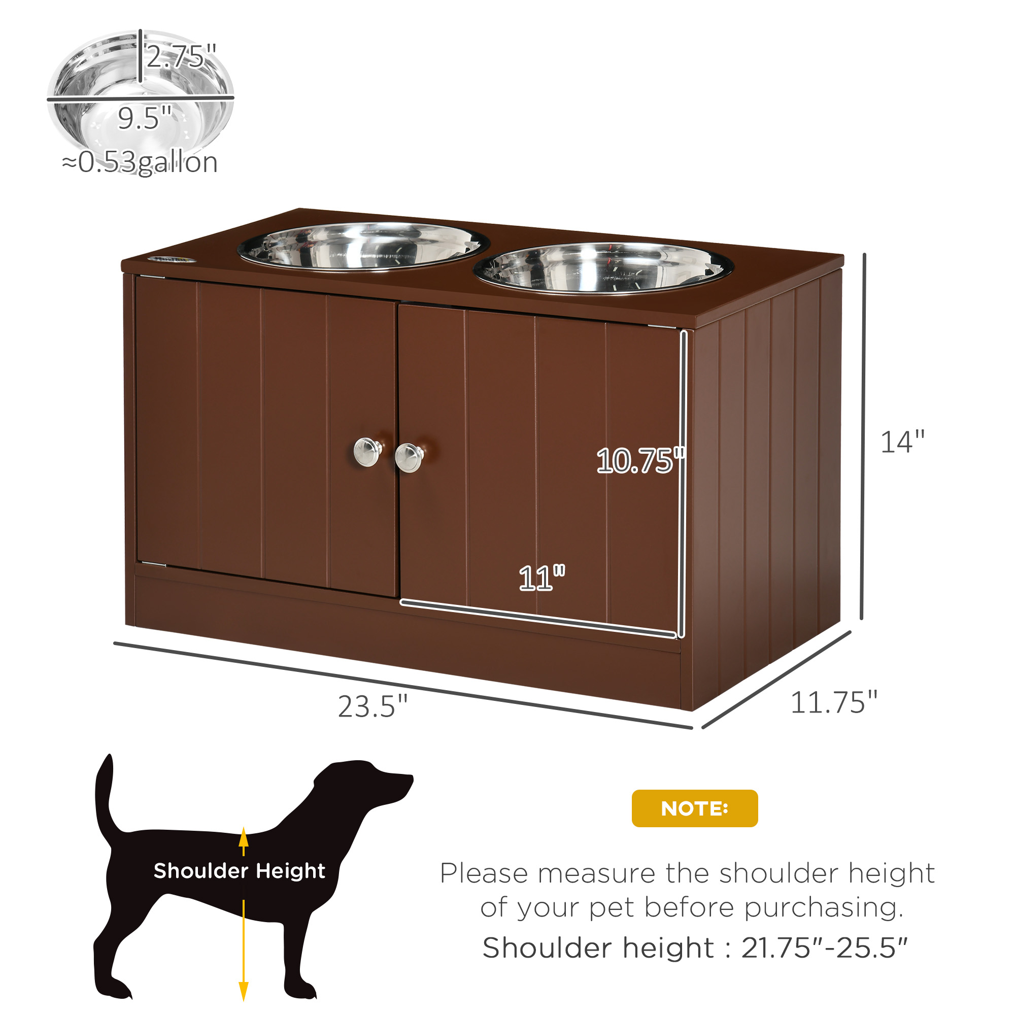 Comedor para Perros Elevado con Almacenamiento, Estación de Comida para Mascotas, Madera y Acero Inoxidable, Marrón — imagen 5