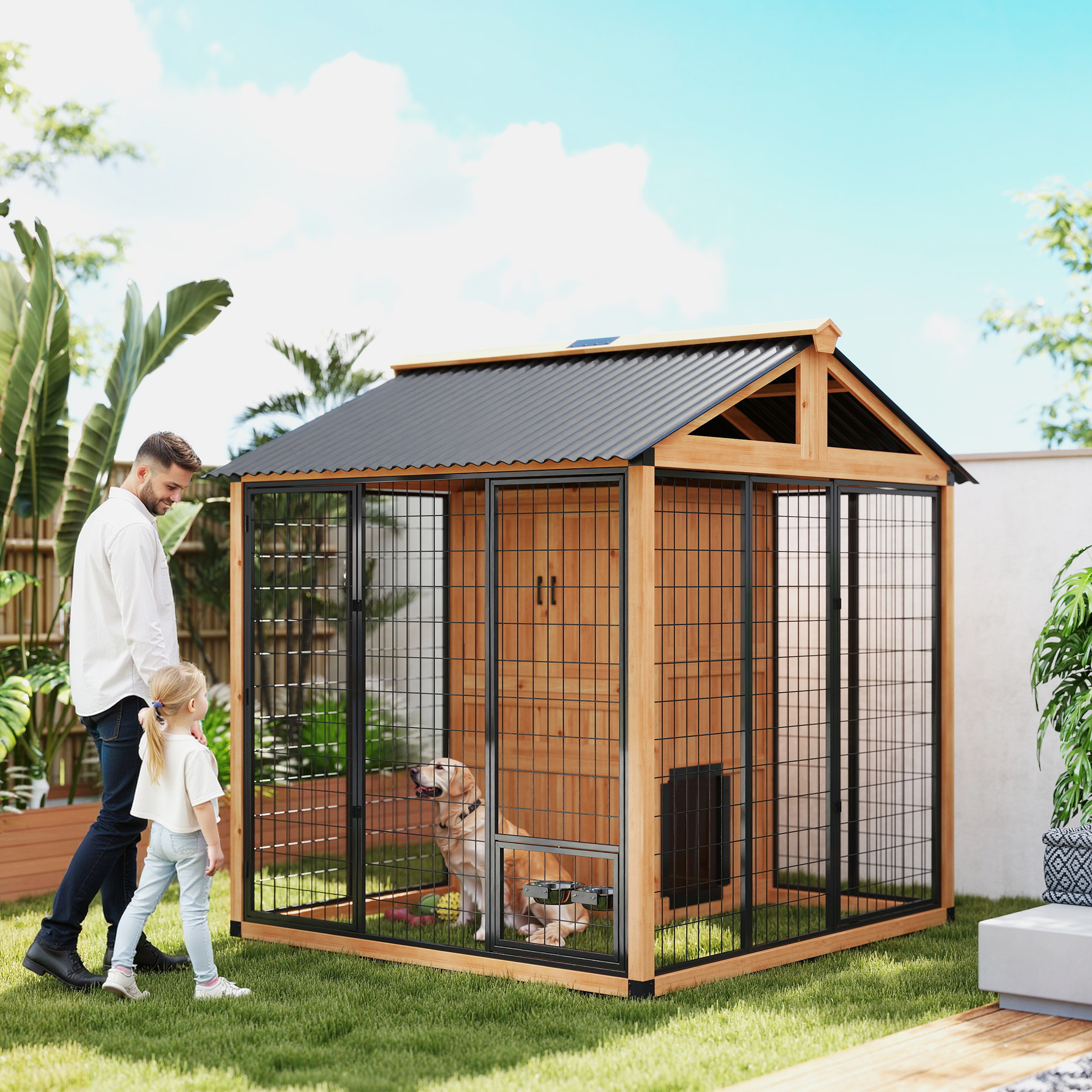 Casa para Perros Extra Grande de 7 x 6, Caseta de Madera para Exterior con Gabinete de Almacenamiento y Tazones de Acero Inoxidable, Amarillo Claro — imagen 1