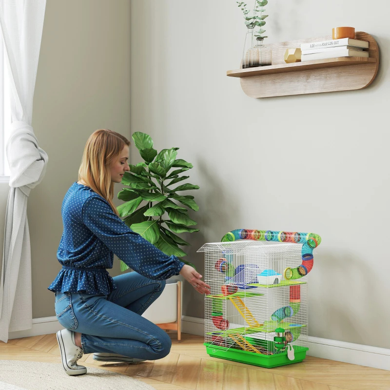 PawHut 5 Tier Hamster Cage With Tubes And Tunnels, Small Animal Cage, Rat Gerbil Cage With Water Bottle, Food Dish, Exercise Wheel, Green — imagen 5