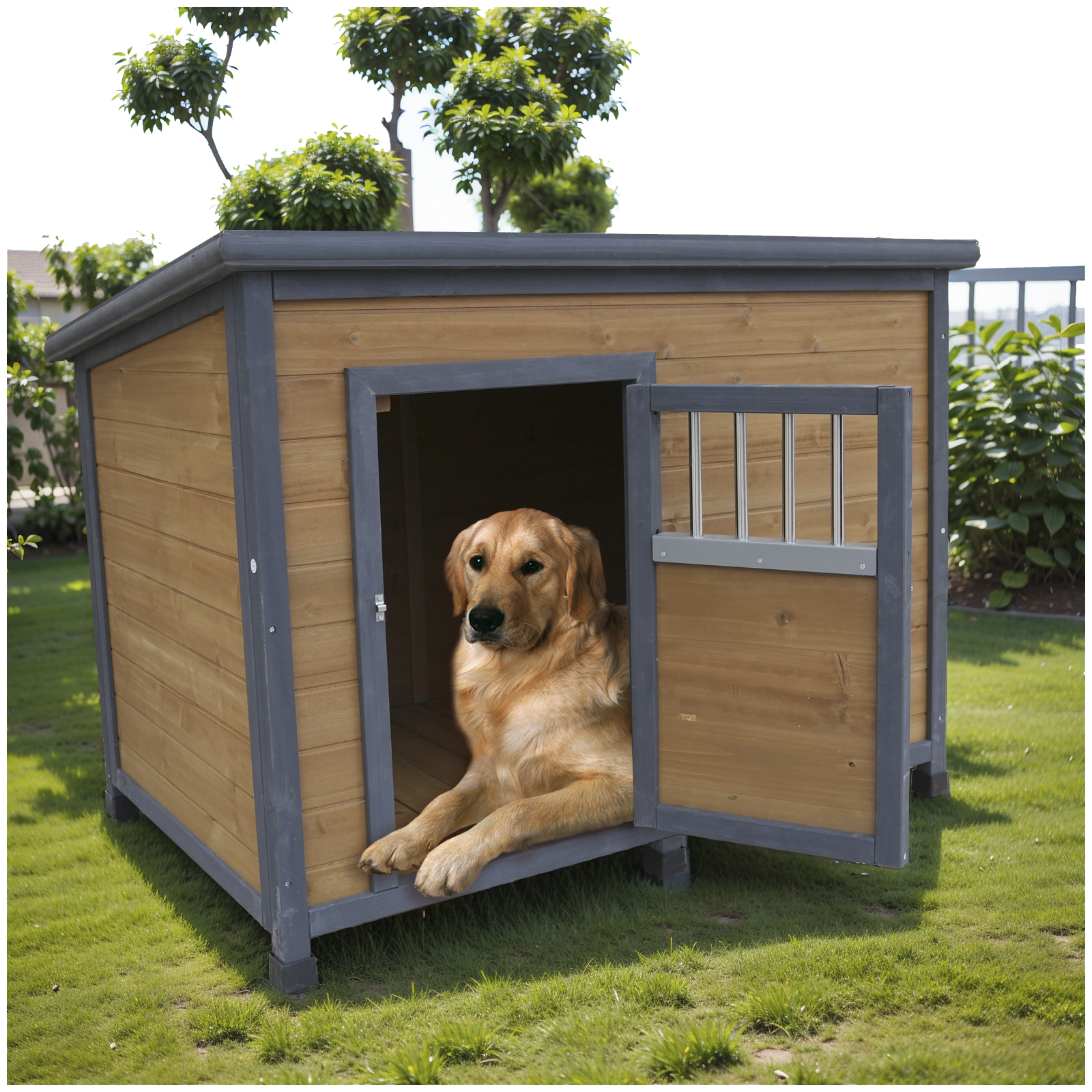 Casa de perro grande en madera sólida, techo impermeable PVC, puertas de madera respirables — imagen 5