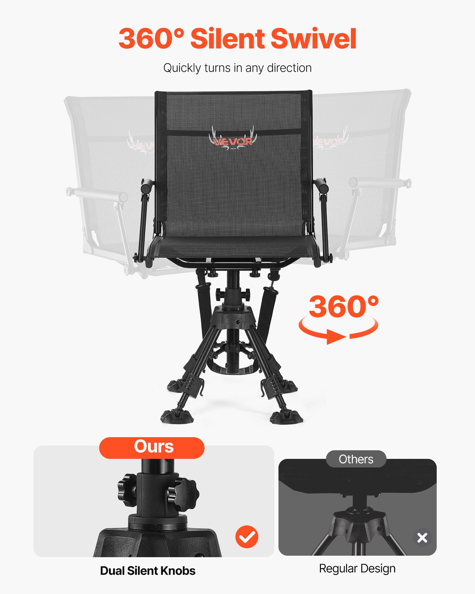 Silla de Caza Silenciosa 360°, Asiento Portátil Plegable con Cadena de Protección, Estructura de Acero Pesada para Terreno, Con Accesorios de Brazo y Talones Antideslizantes, Capacidad de 158 kg para Pesca y Camping — imagen 2
