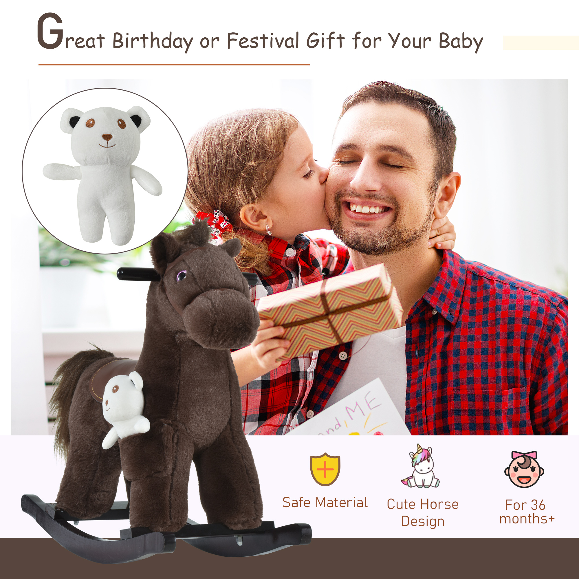 Kids Rocking Horse with Bear Toy, Plush Animal Rocker with Fun Realistic Sounds for Toddler 18-36 Months, Brown — image 5