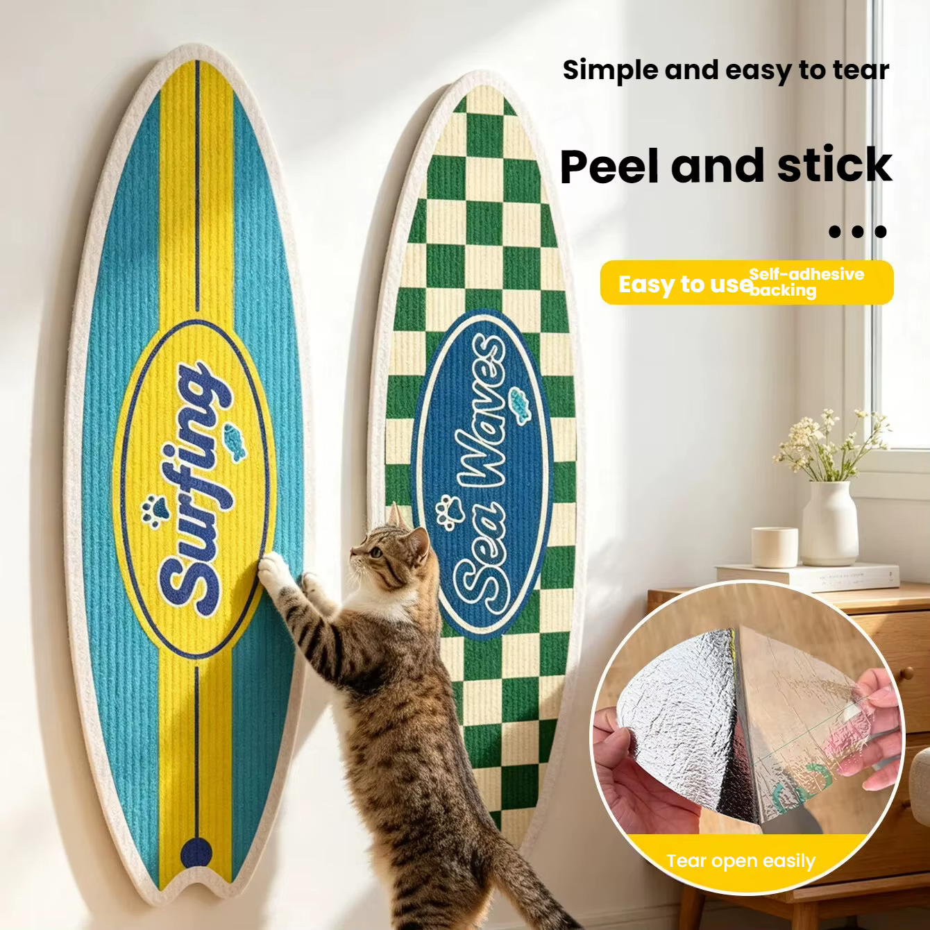 A Cat Scratcher Post in the Shape of a Surfboard, Wall-mounted, Made of Natural Sisal Material, and Free of Debris, Toy for Cats — image 4