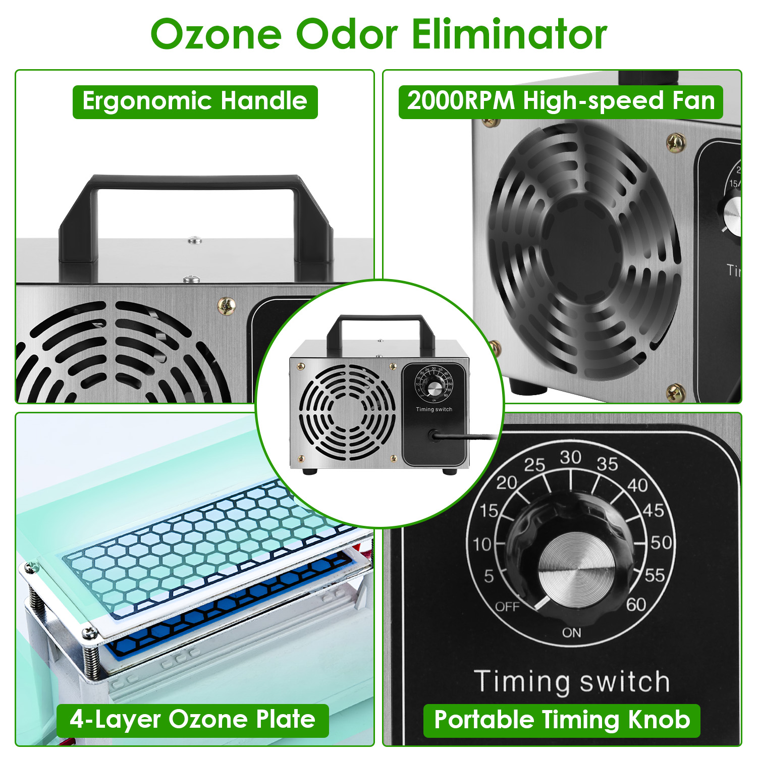 Generador de ozono 110W 50000mg/h con temporizador de 60 minutos para eliminar olores y ionizar aire hasta 3229 pies cuadrados — imagen 5