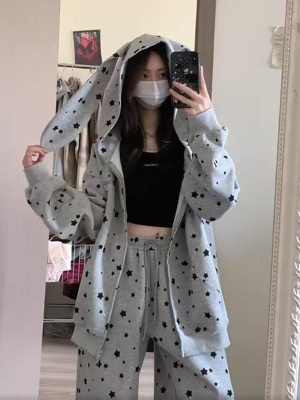 Star Print Rabbit Ears Fashion Set for Women, Hooded Sweatshirt Cardigan, Lazy Loose Two-Piece Set — image 8
