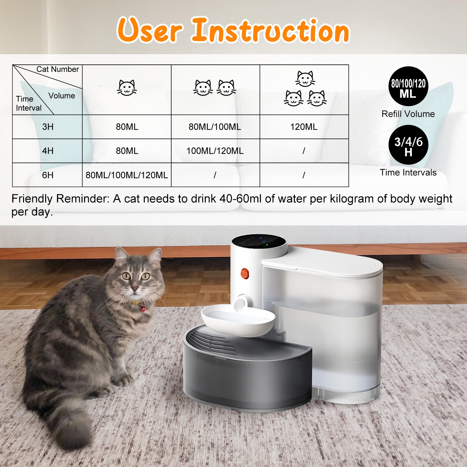 Fuente de Agua Inteligente para Mascotas Dispensador Automático de Agua para Gatos 3L Fuente de Agua para Perros Recargable e Inalámbrica con Autorrelleno, 3 Volúmenes Ajustables, 3 Intervalos de Tiempo y Control Táctil — imagen 6