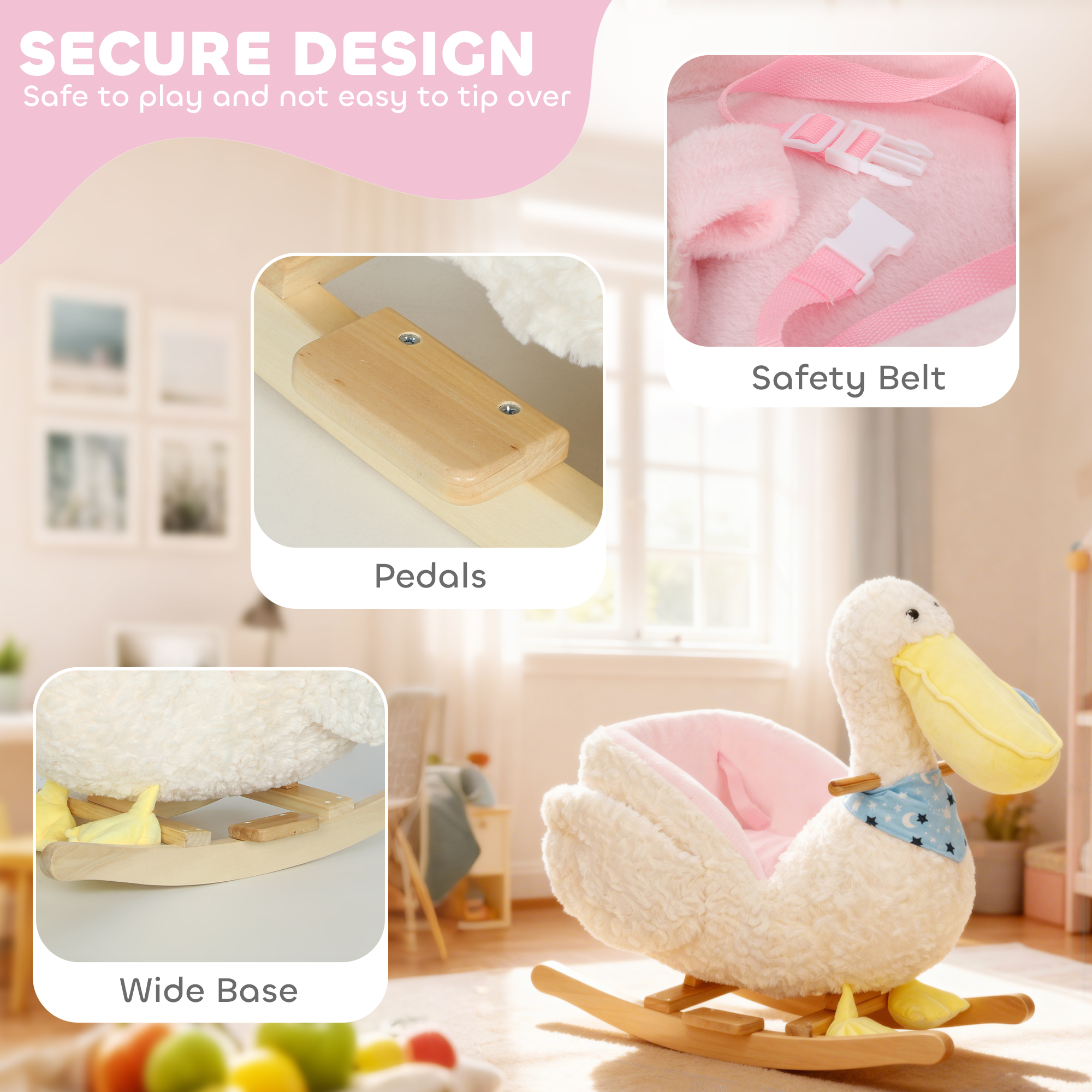 Baby Rocking Horse, Kids Ride On Pelican Rocking Horse For Toddlers 18–36 Months With Realistic Duck Sound, White — imagen 2