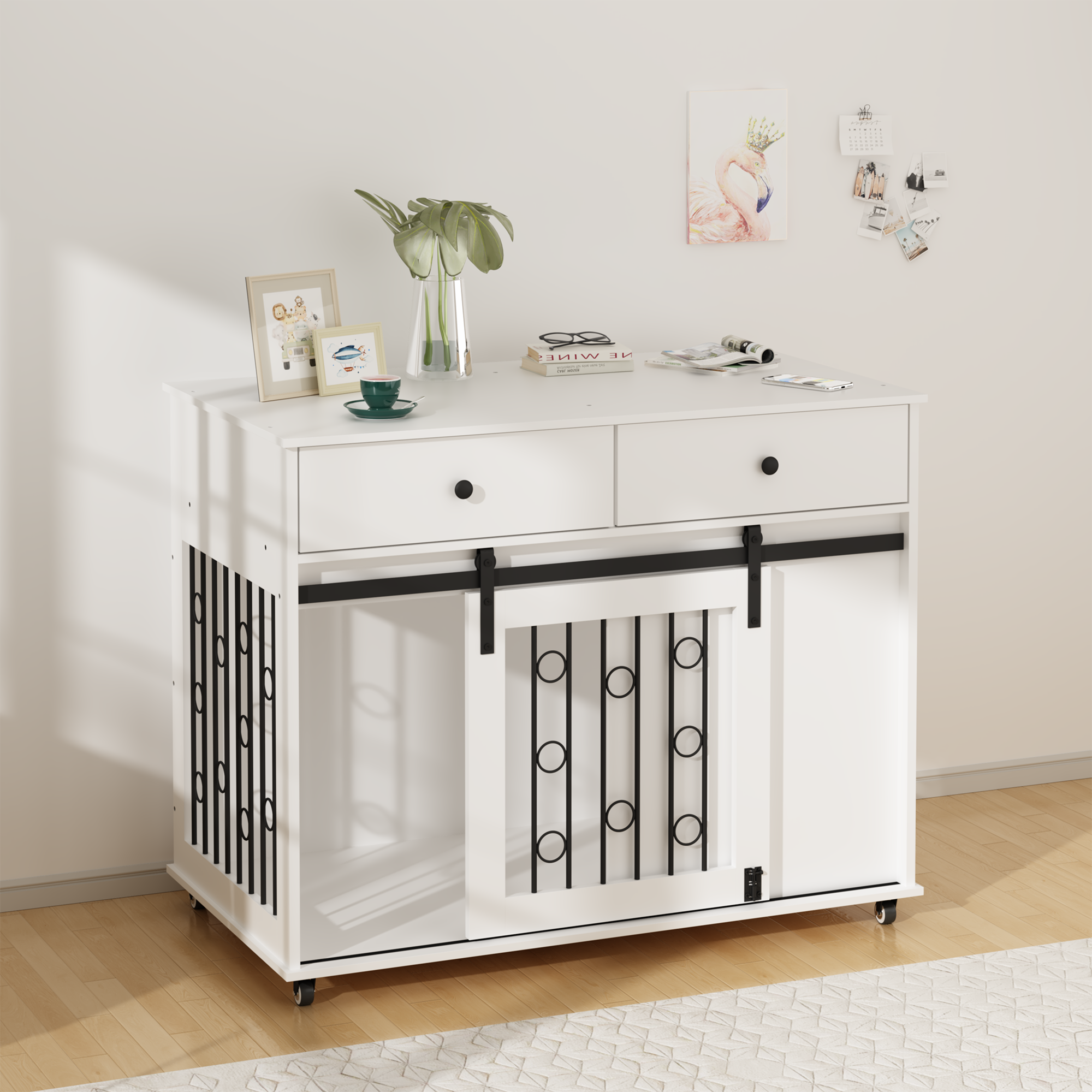 Mueble Jaula para Perro de Madera Moderno de 39.37" con Doble Cajón y Puerta Corrediza Estilo Granero, Mesa Decorativa con Ruedas Bloqueables, Jaula Elegante para Perros Pequeños y Medianos, Blanco — imagen 6