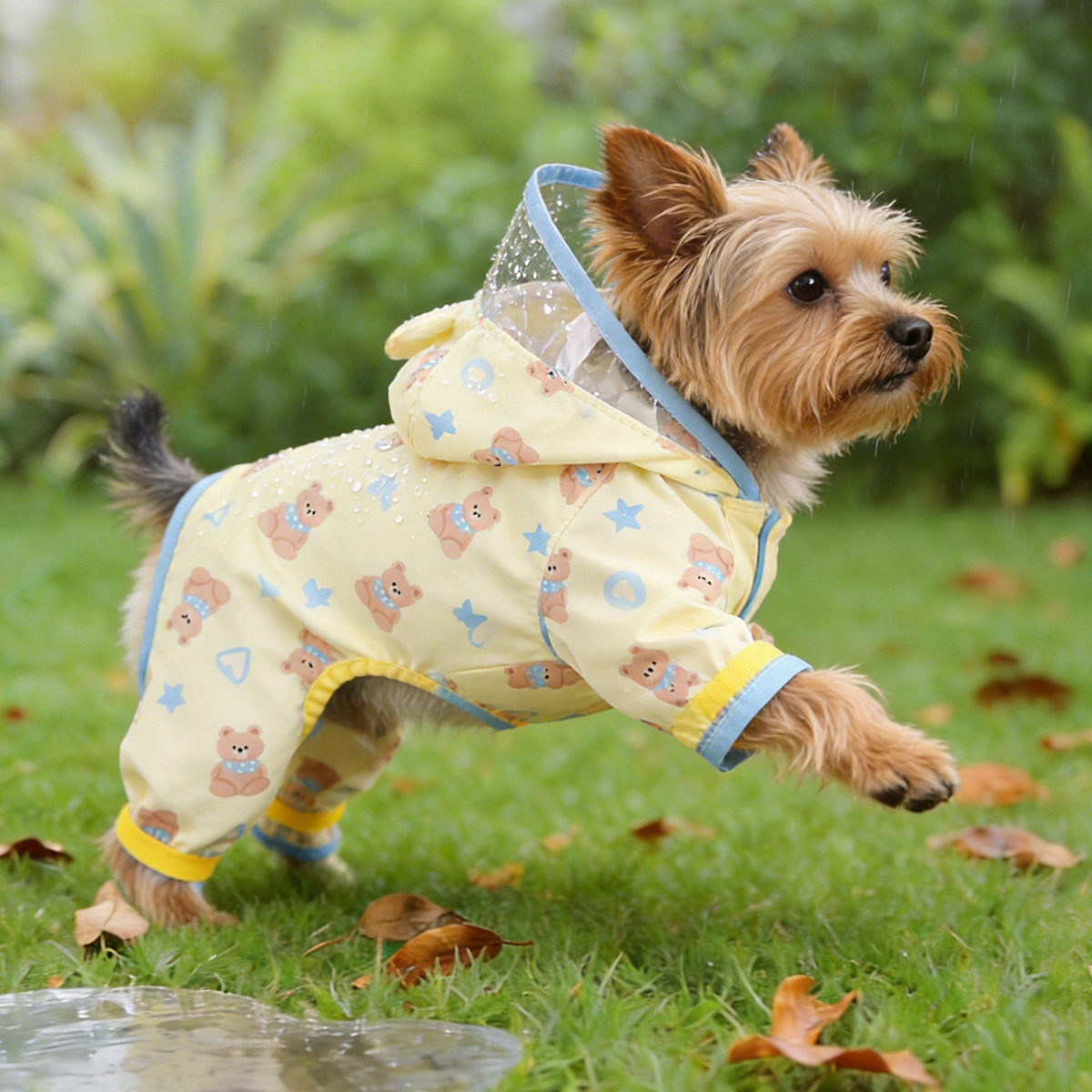 Cute Yellow and Blue Bear Pet Raincoat for Small Dogs, Four-Legged Waterproof Dog Rain Poncho — image 2
