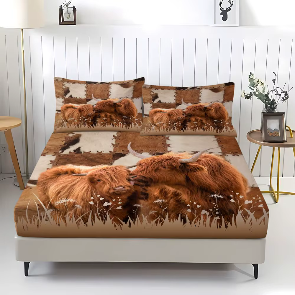 3Pcs Highland Cow Fitted Sheet Set Farmhouse Style Bedding Set Rustic Animal Bed Sheets Set Soft Deep Pocket for Bedroom Decor — image 2