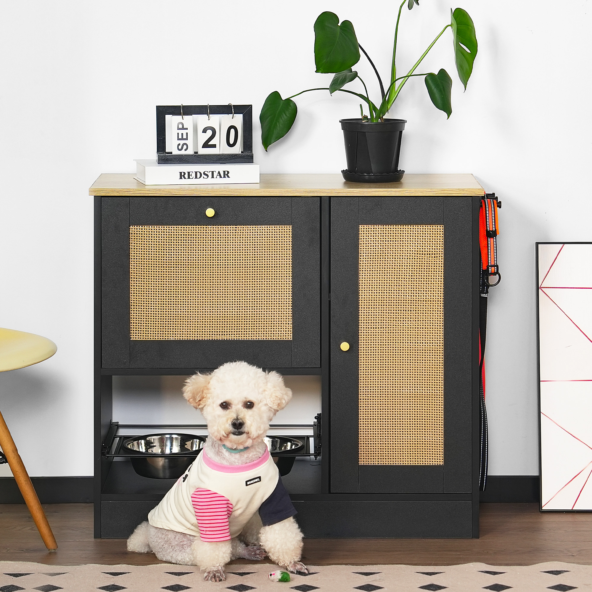 Feeding station with 2 lockers, pet feeding station with 2 elevated dog bowls, side hooks, anti-tipping kit, hidden pet feeding station for feeding and watering, rattan door, black — image 8