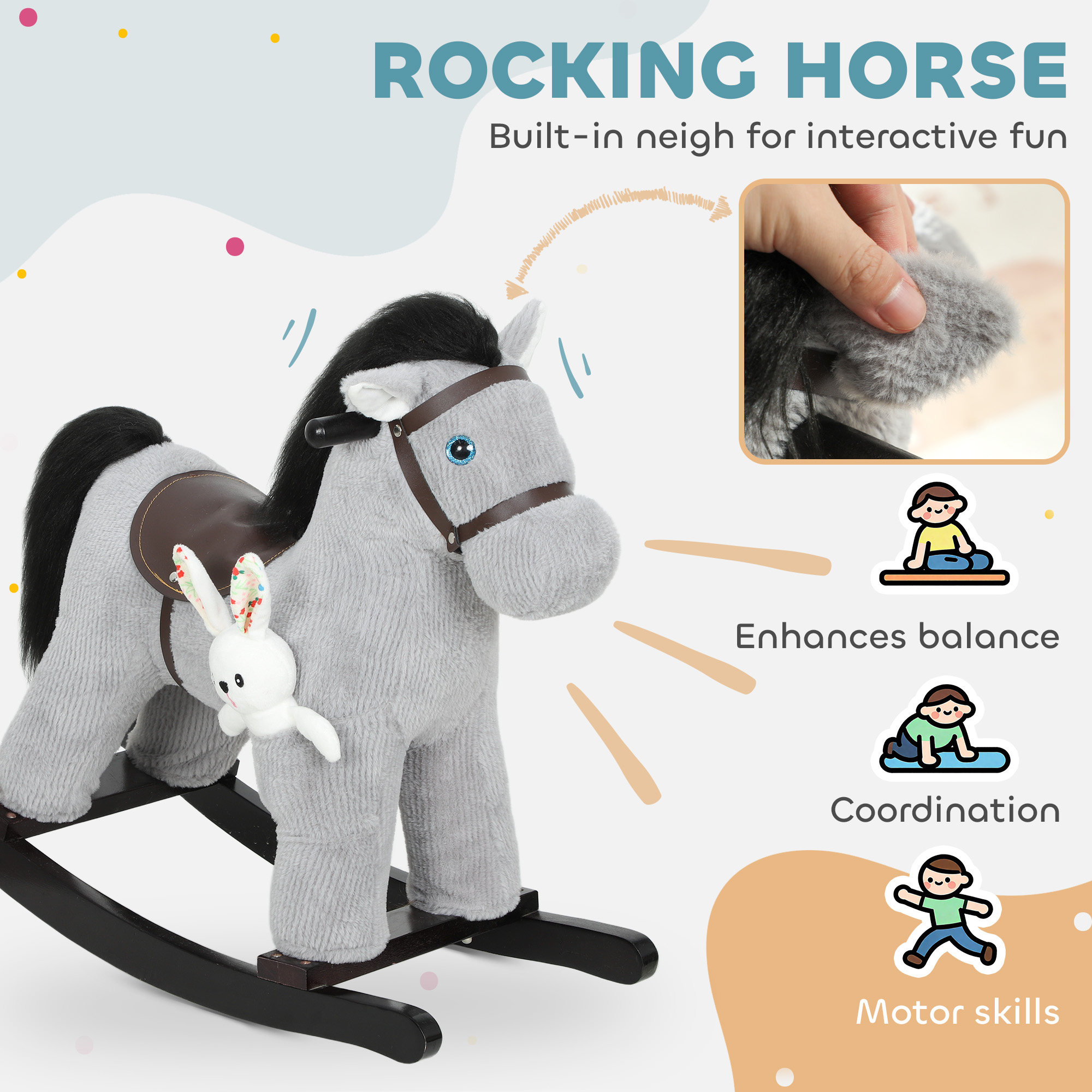 Caballo de Madera para Niños, Montura Plush con Sonidos de Caballo y Juego para Edad 2-5 Años, Gris — imagen 4