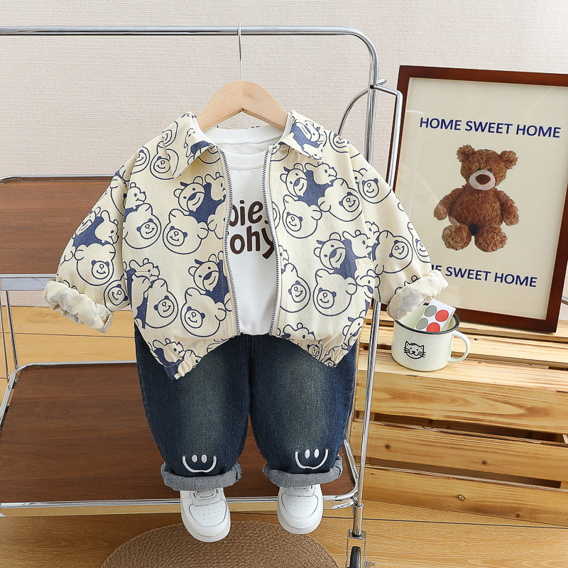 Unisex Toddler All-Over Bear Print Zip-Up Jacket and Pants 3-Piece Set 0-4 Years Spring Autumn Kids Clothing — image 8
