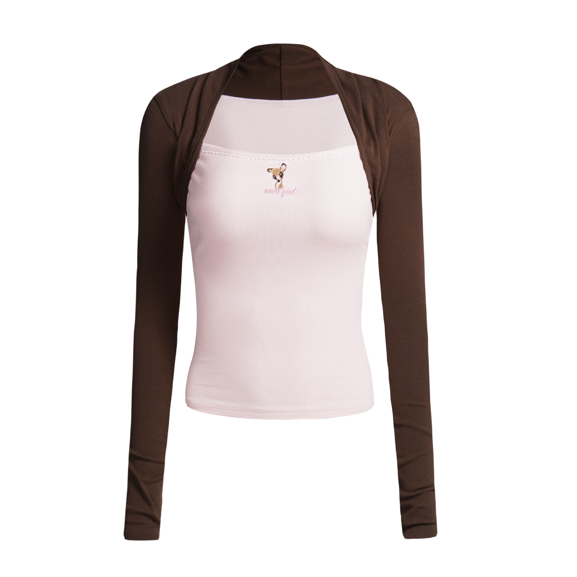 Long Sleeve Square Neck Dog Embroidery Splicing T-Shirt — image 3