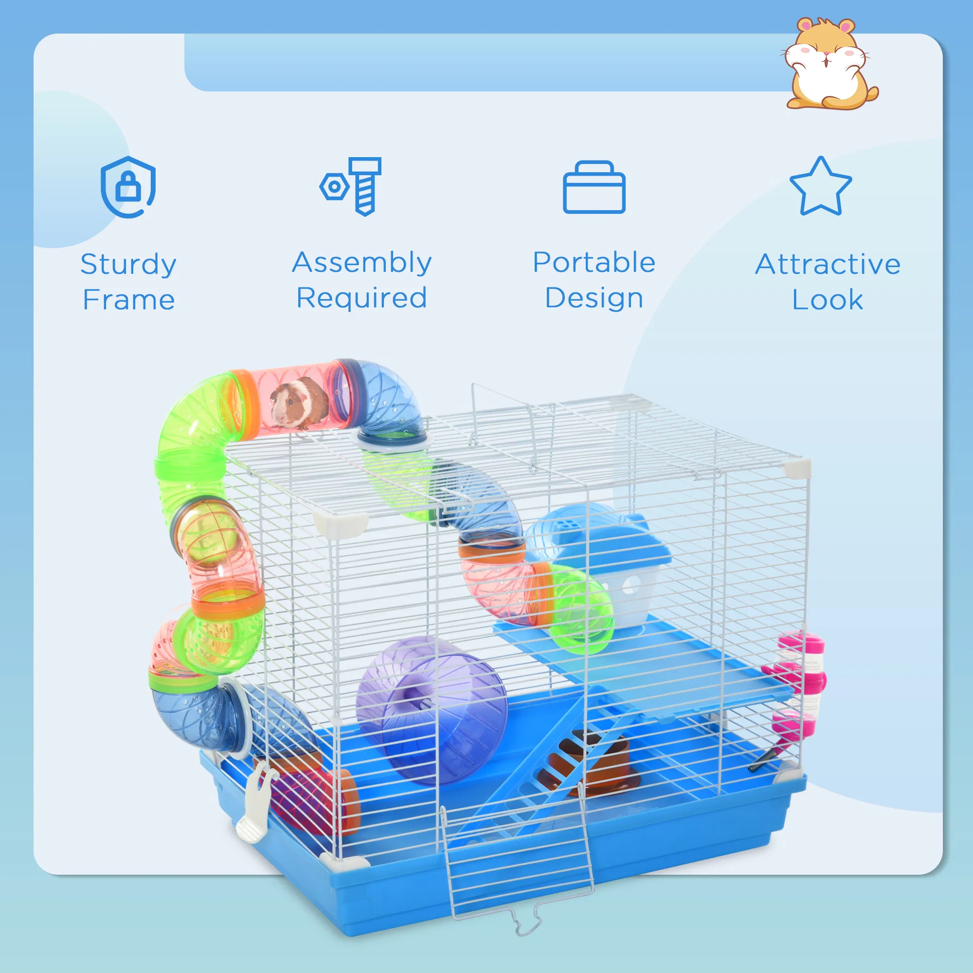 L Hamster Cage, Small Animal House, 2-Level Rat Gerbil Haven with Tunnel Tube System, Exercise Wheel, Water Bottle, Food Dish, Ramp, Blue — image 5