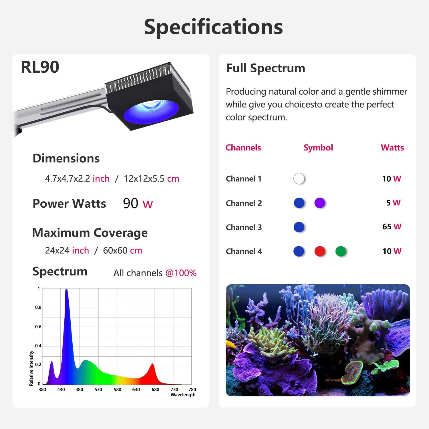 PopBloom RL90 WiFi Luz de Acuario Marino con Wi-Fi 100W, Led Completo para Acuarios de Arrecife y Corales Profesionales para Tanques de Peces LPS/SPS — imagen 3