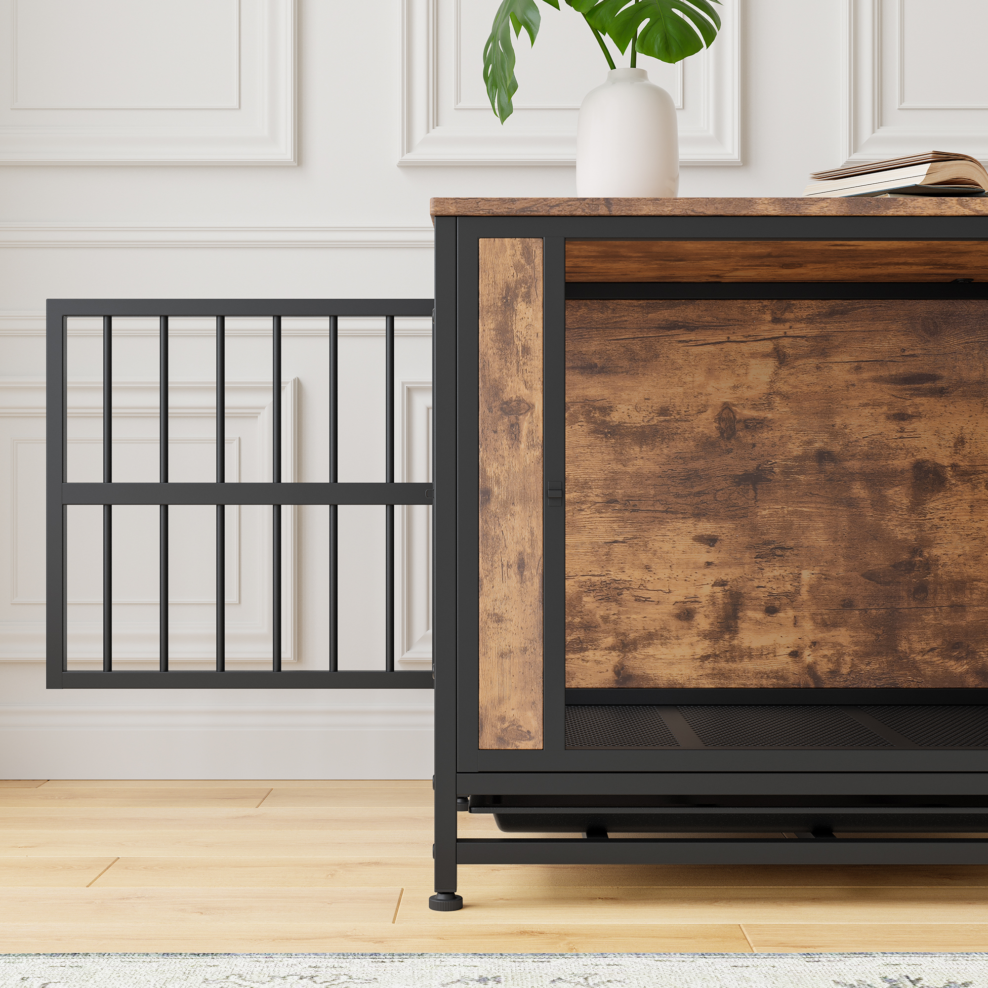 Mueble para Perro, Caja de Madera para Perros con 2 Puertas Deslizantes y Estructura de Puerta de Hierro Espesa, Casa Decorativa para Pequeños Perros para Uso Interior (Marrón Rustico) — imagen 3