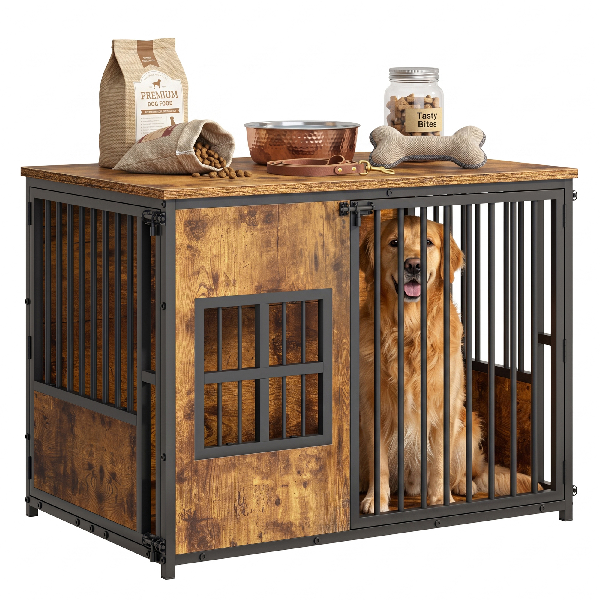 Wooden Dog Crate Furniture, Large Dog Kennel with Storage Top, Indoor Pet Cage — image 2