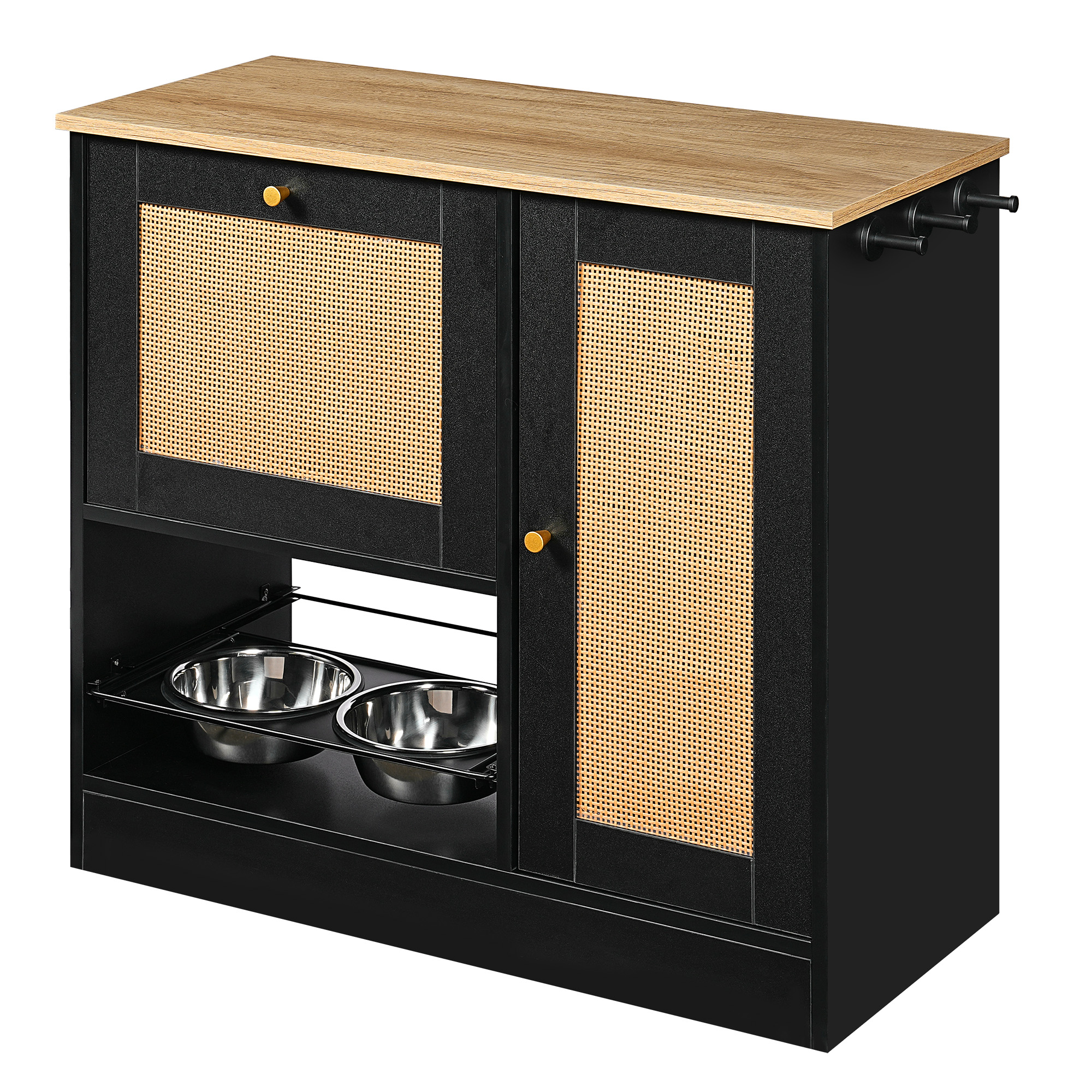 Feeding station with 2 lockers, pet feeding station with 2 elevated dog bowls, side hooks, anti-tipping kit, hidden pet feeding station for feeding and watering, rattan door, black — image 12
