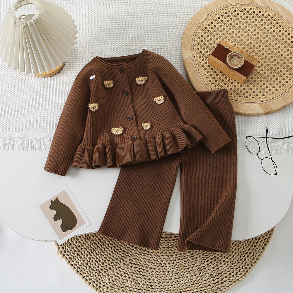 Sweet Bear Print Long Sleeve Sweater Cardigan and Casual Pants Set for Girls — image 6
