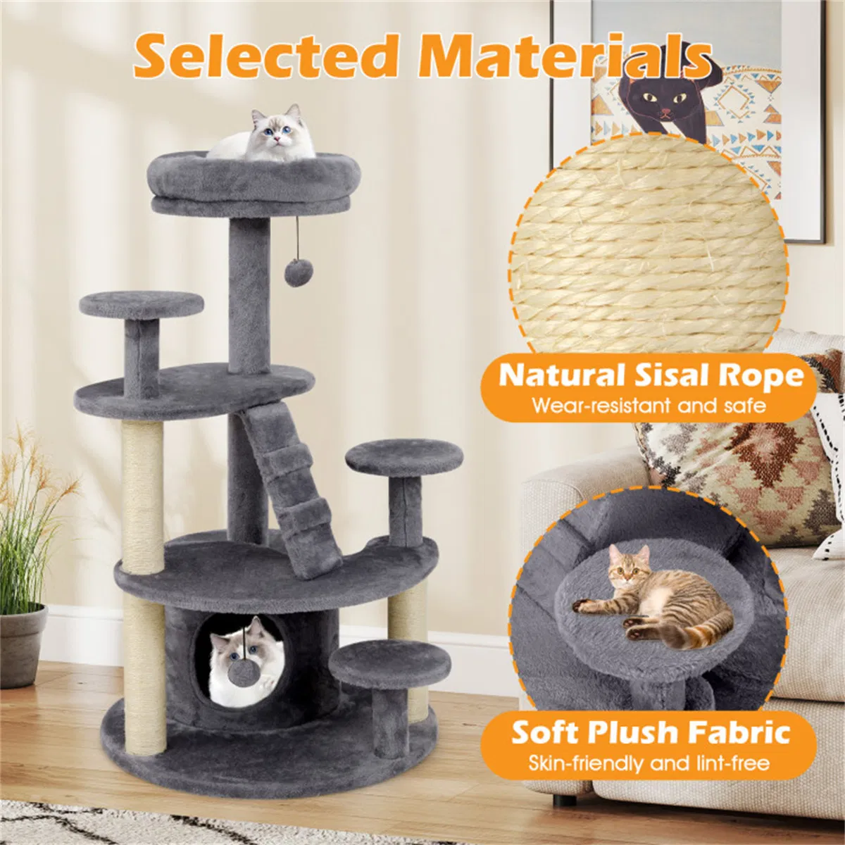 40" Multi-Level Cat Tree for Munchkin & Old Cats - Stable Wide Base, Soft Padded Perch + Large Condo (Gray) — image 9