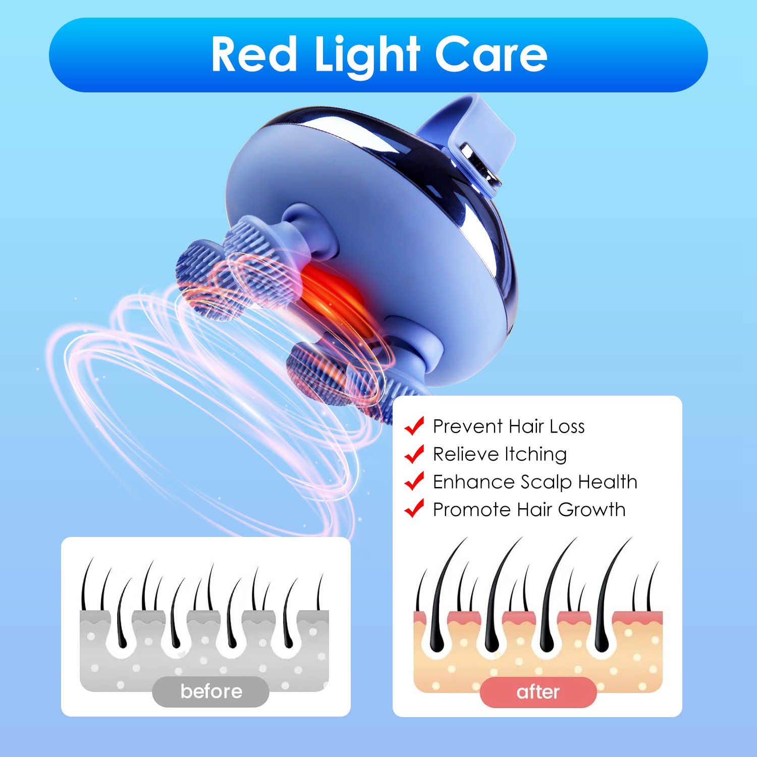 Masajeador Eléctrico para Cabeza Rechargeable con Luz Roja IPX7 Resistente al Agua para Perros, Gatos y Humanos - 3 Modos de Masaje y 12 Clavos de Masa — imagen 10