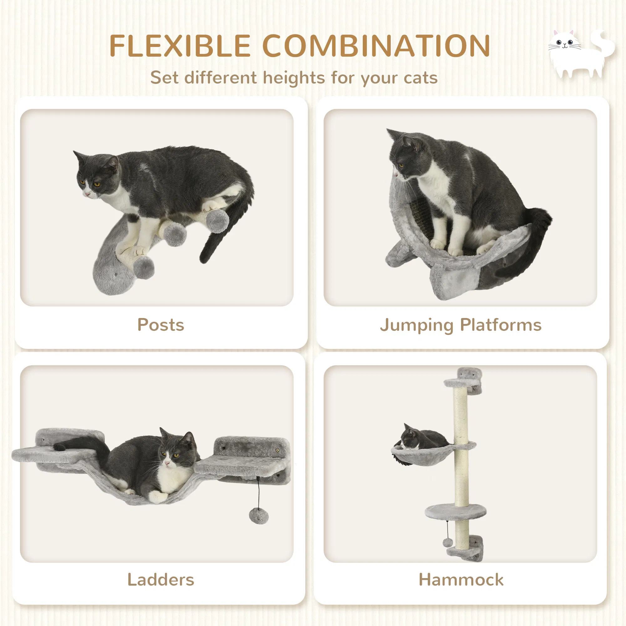 4Pcs Cat Wall Shelf with Scratching Post, Cat Wall Shelves for Relaxing, Climbing, Cat Wall With Soft Ladder, Hammock, Play Balls, Grey — image 6