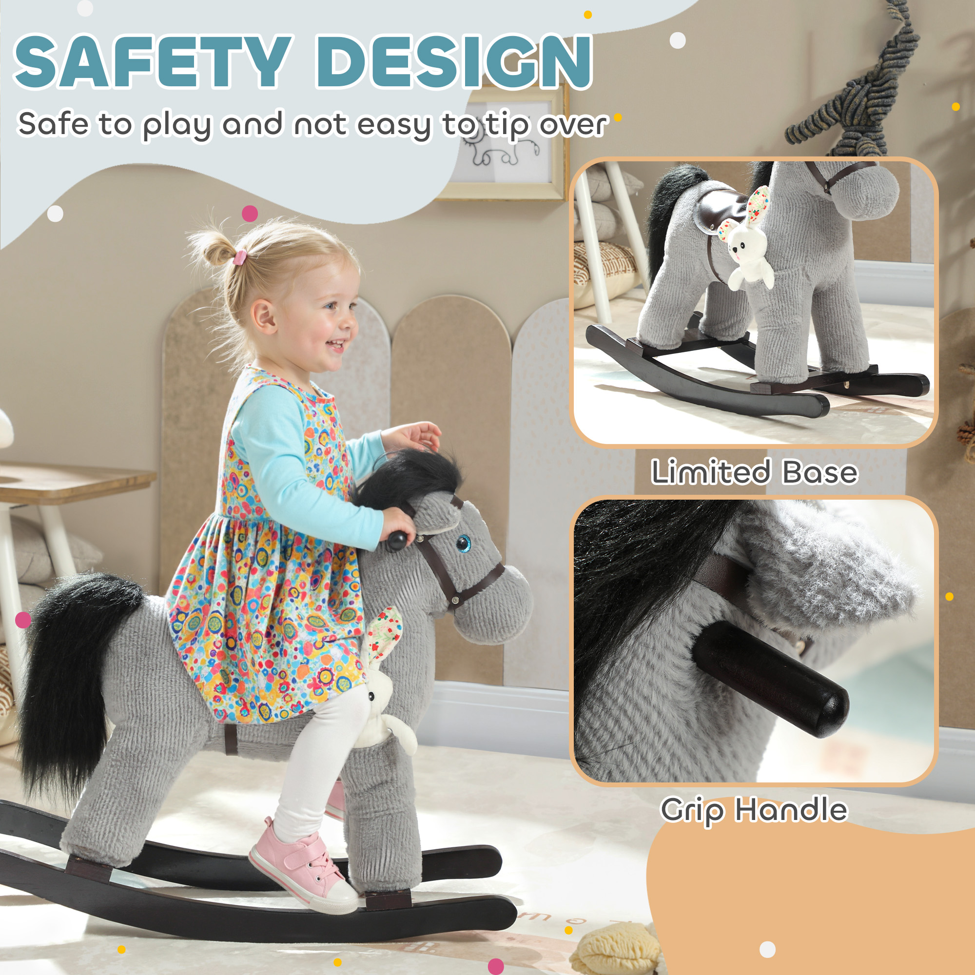 Caballo de Madera para Niños, Montura Plush con Sonidos de Caballo y Juego para Edad 2-5 Años, Gris — imagen 3
